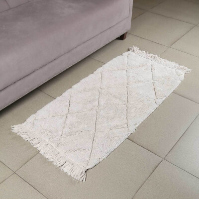 Rug, 60x120 cm, fringed, cotton, beige, Rhombuses, Neutral