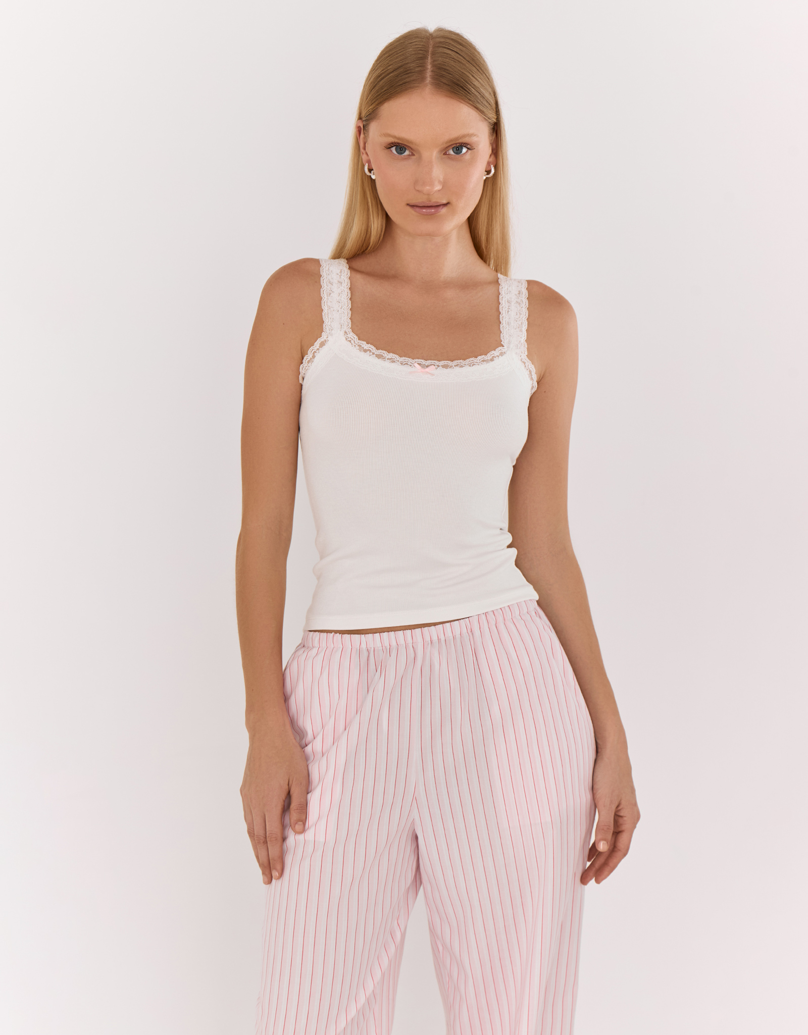 Women's trousers, homewear, size L, cotton, white and pink, Stripe, Sheria, image-4