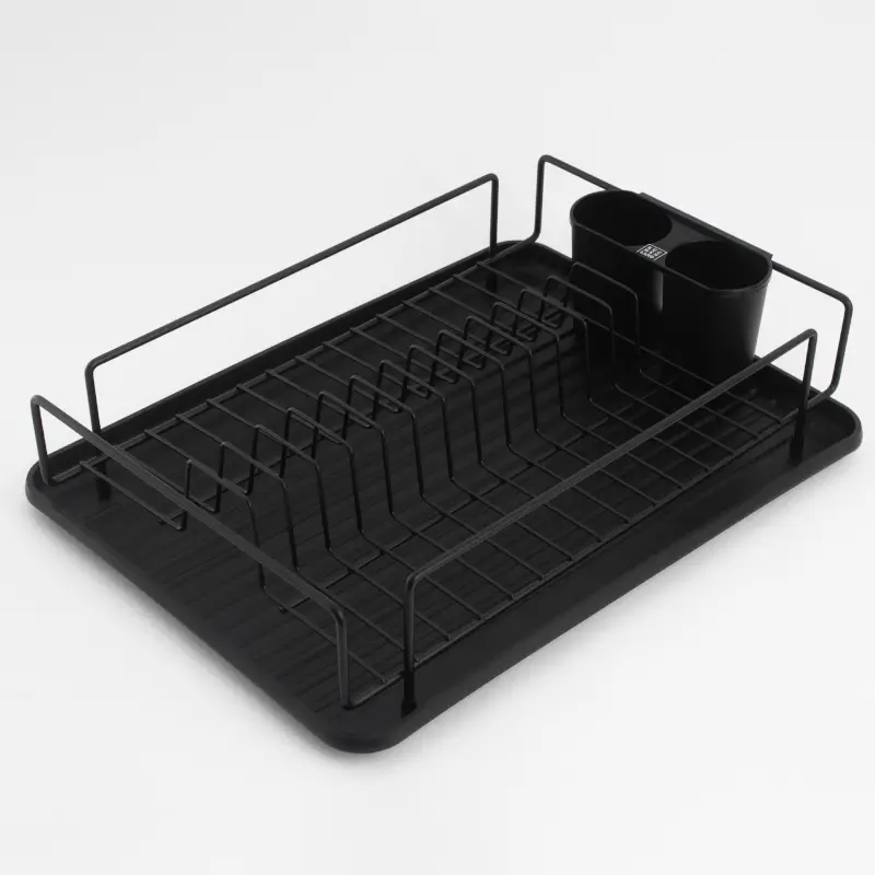 Dish rack, 42x27 cm, with tray, plastic / metal, black, Black style ,image-0