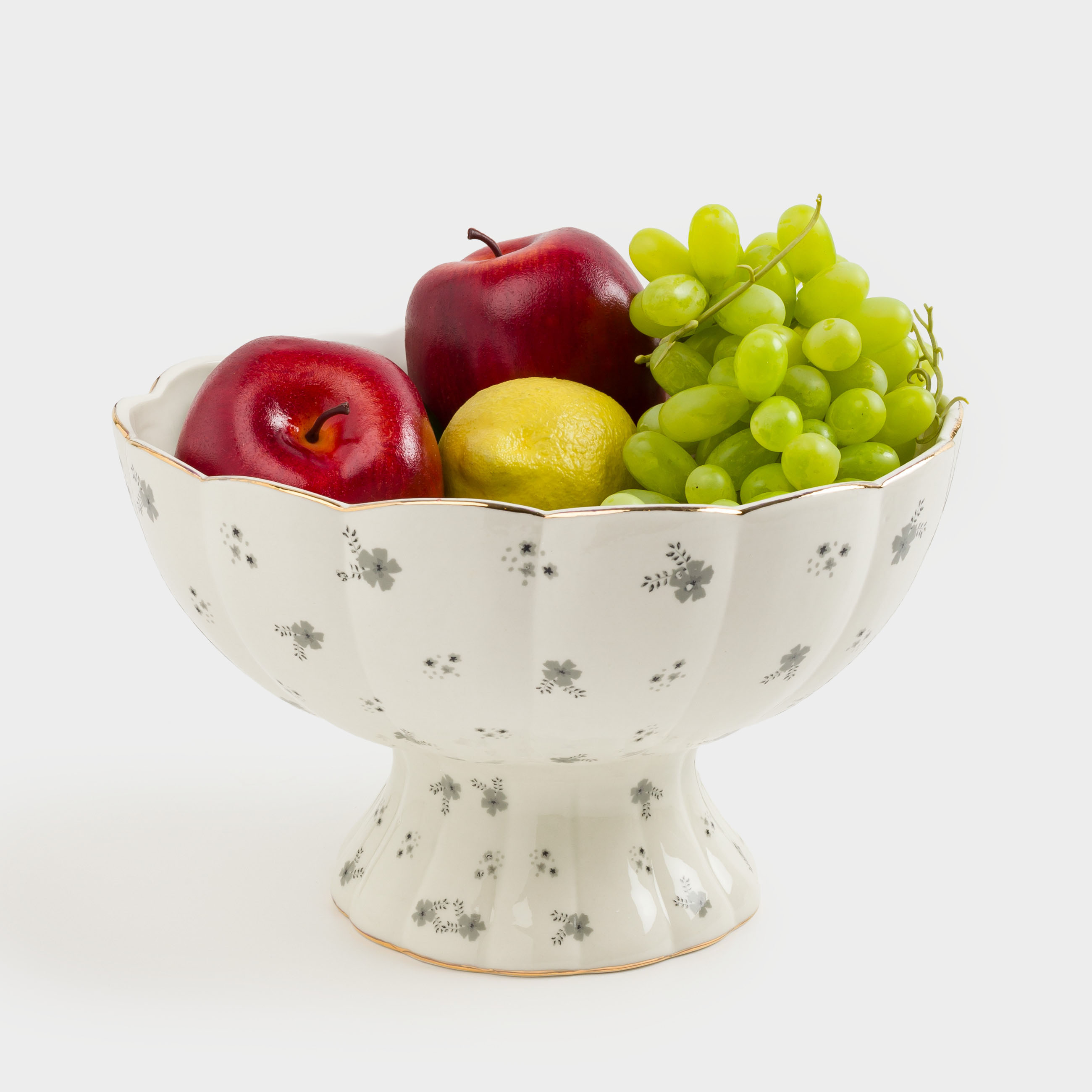 Fruit bowl, 24x15 cm, on a leg, porcelain P, milky, with golden edging, Grey flowers, Florals, image-6