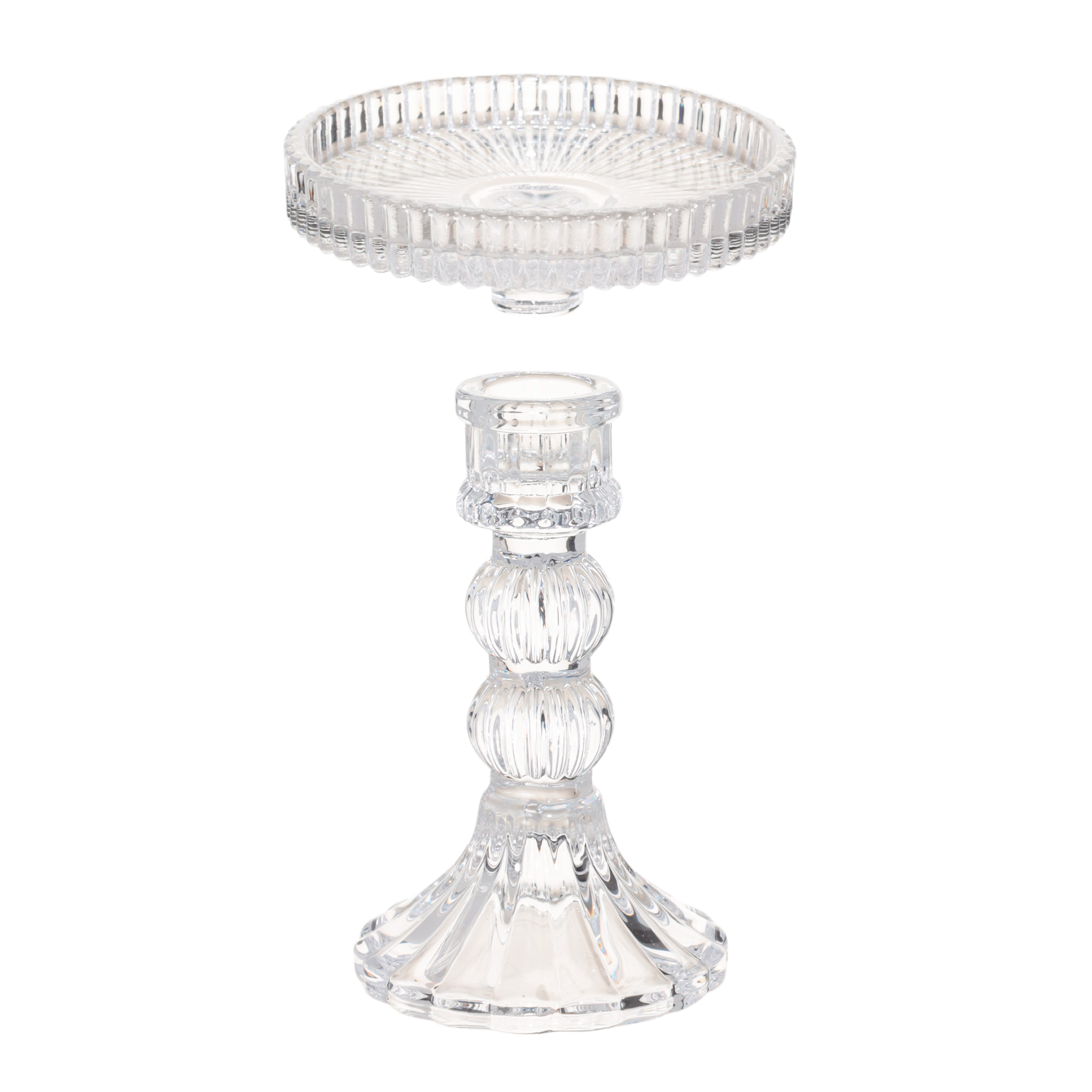 Candle holder, 14 cm, for cylindrical / thin candles, on a leg, collapsible, glass, Ribby