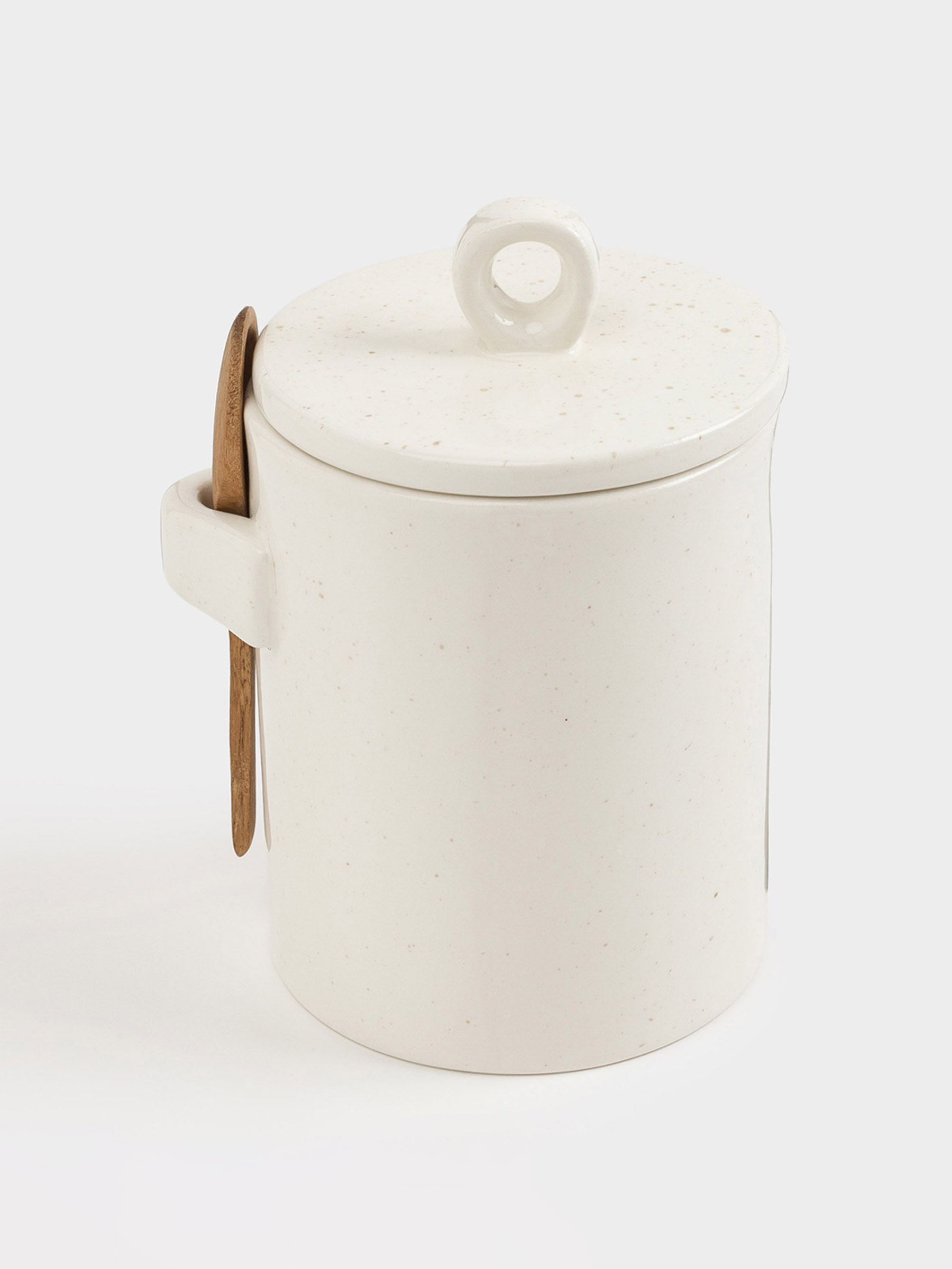 Storage container, 16 cm, 750 ml, with spoon, ceramic / wood, milky, speckled, Delicia, image-1