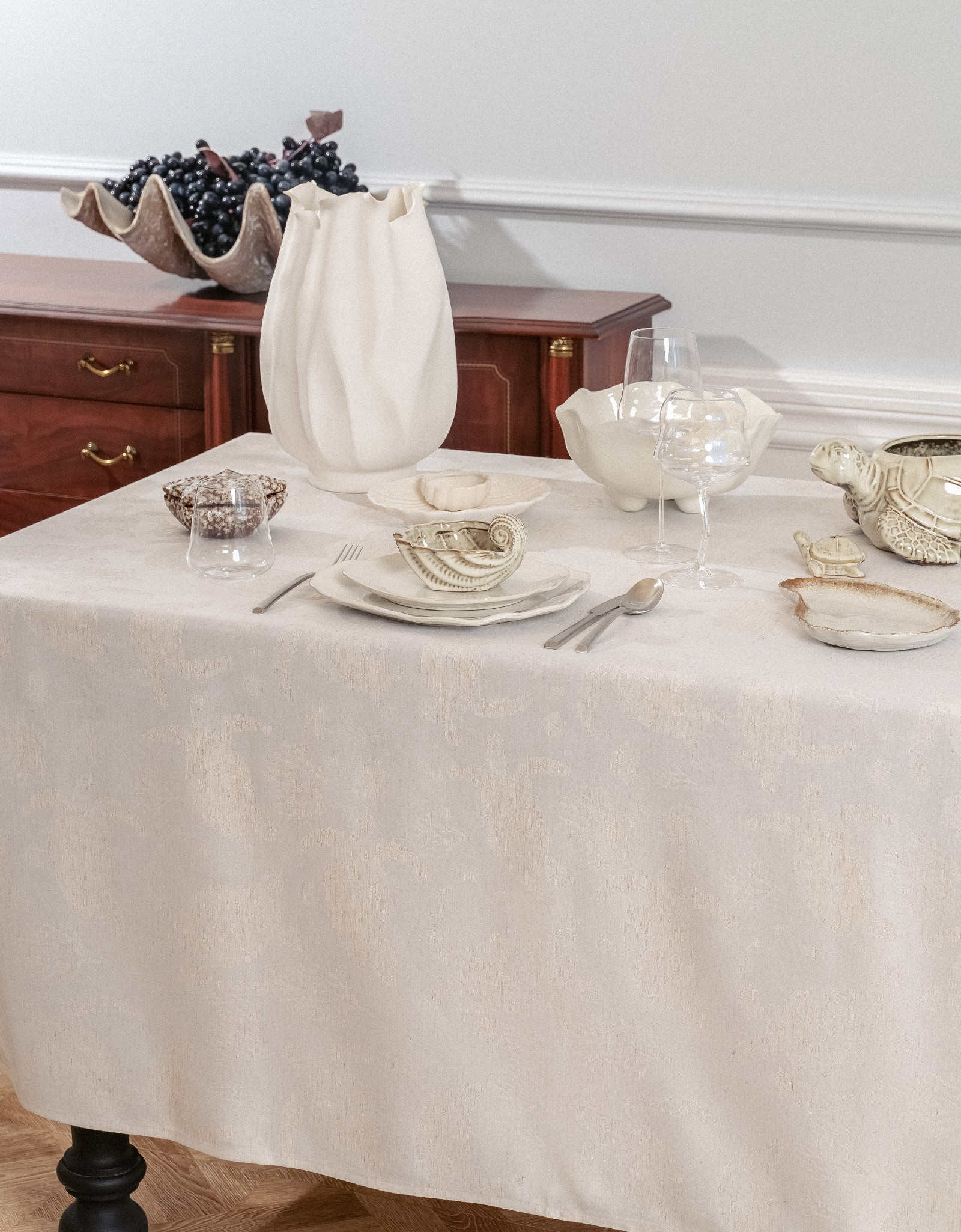 Tablecloth, 160x160 cm, jacquard, polyester / linen, beige, Turtles, Marine turtles, image-2
