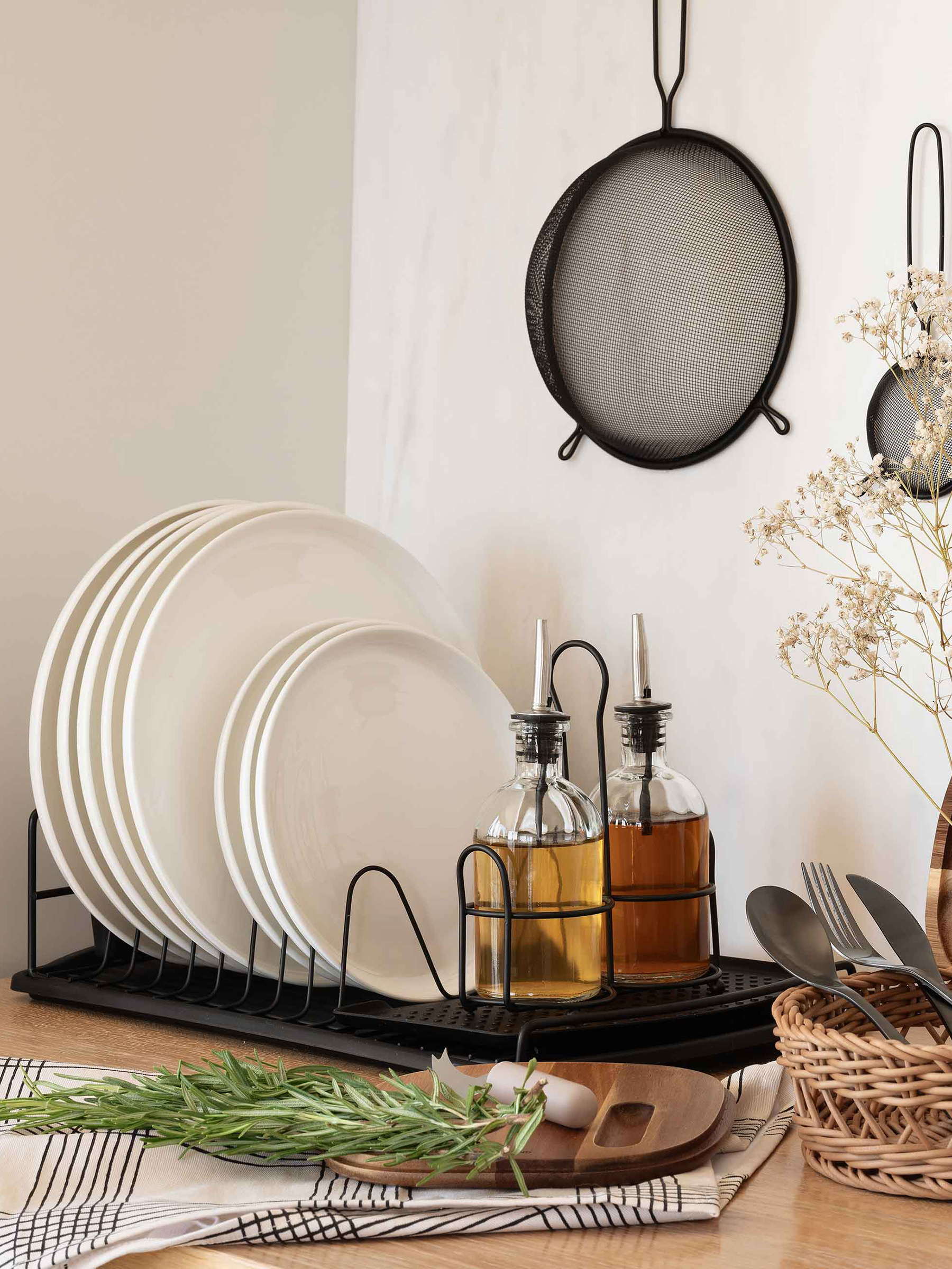 Dish rack, 47x26 cm, with tray, plastic / metal, black, Black style, image-5