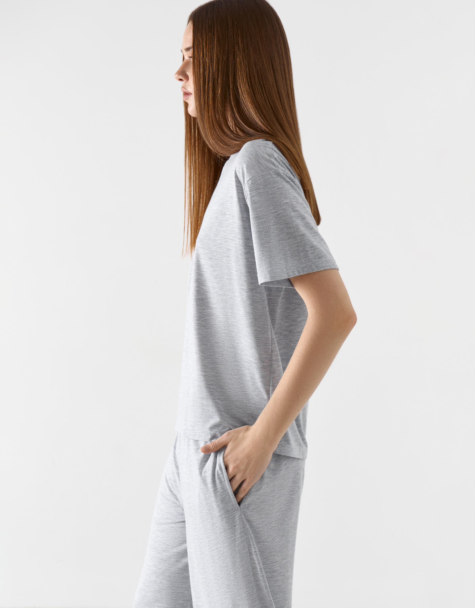 Women's T-shirt, homewear, size L, polyester / viscose / lurex, light gray, Awereona, image-2