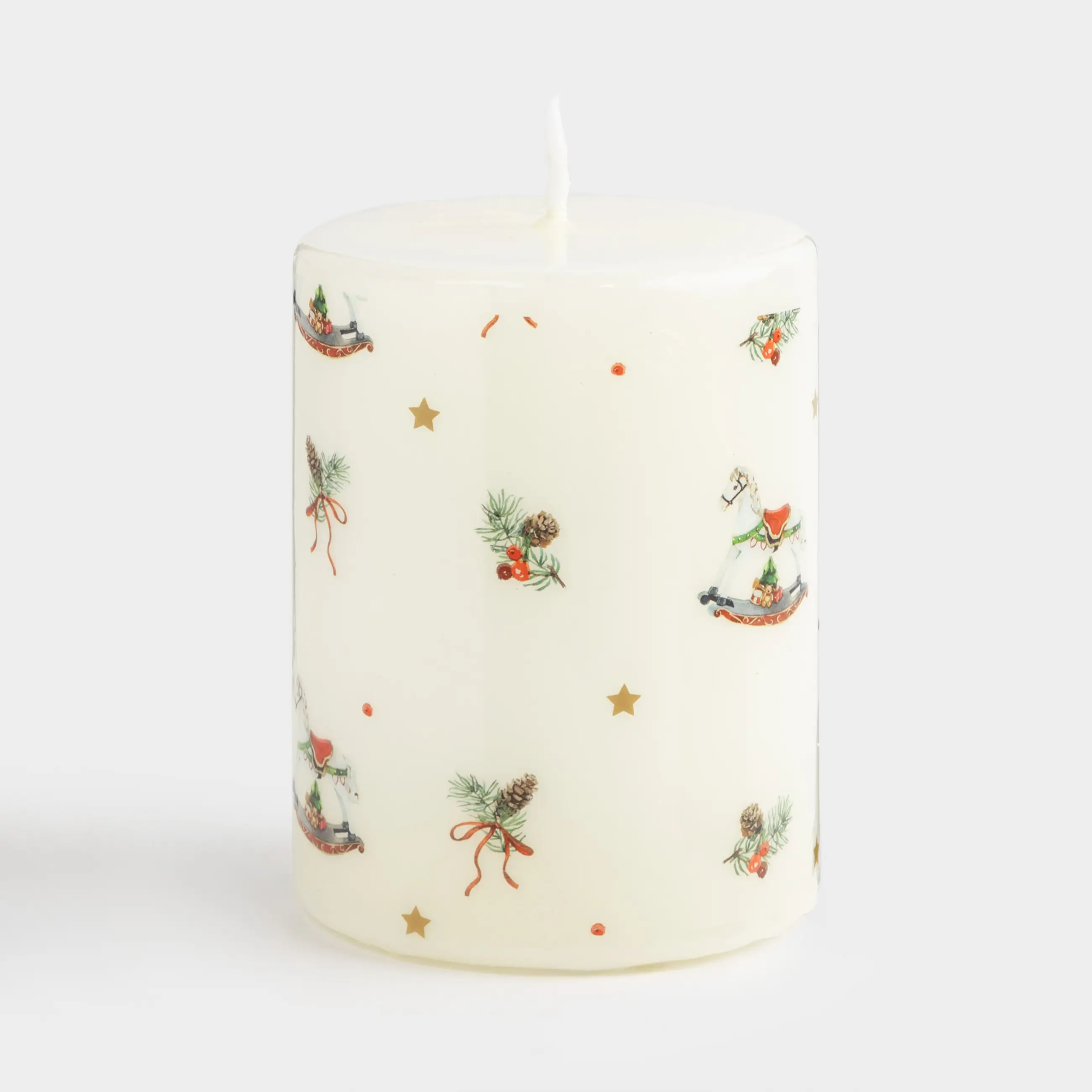 Candle, 7x9 cm, cylindrical, milky, Christmas attributes, Print candle
