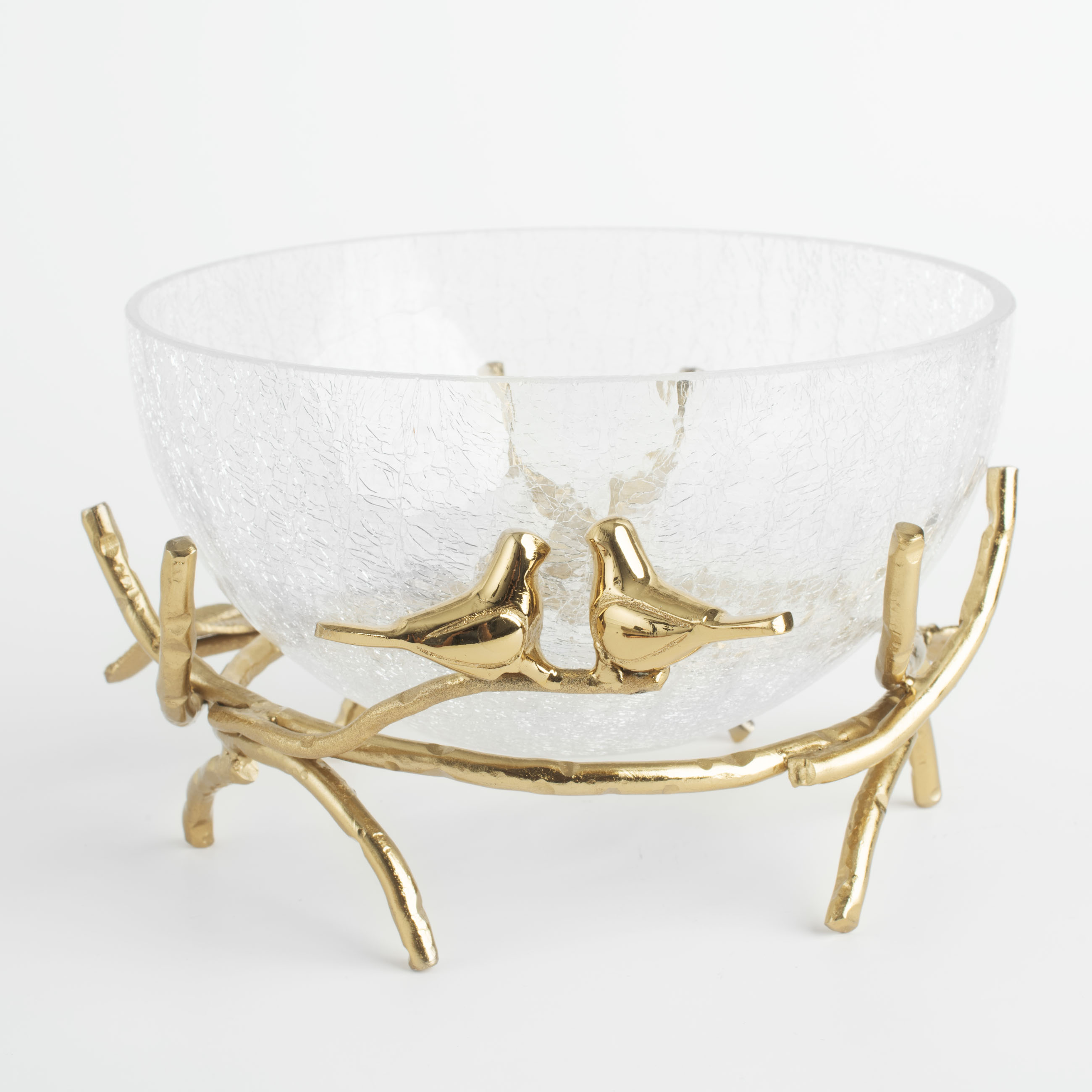 Deep dish, 21x9 cm, on a stand, glass / metal, golden, Birds, Fantastic gold, image-0
