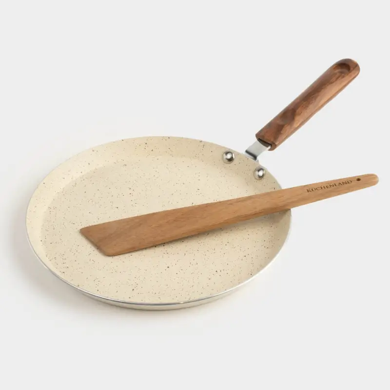 Pancake pan, 22 cm, coated, with spatula, metal / wood, cream, Crepe