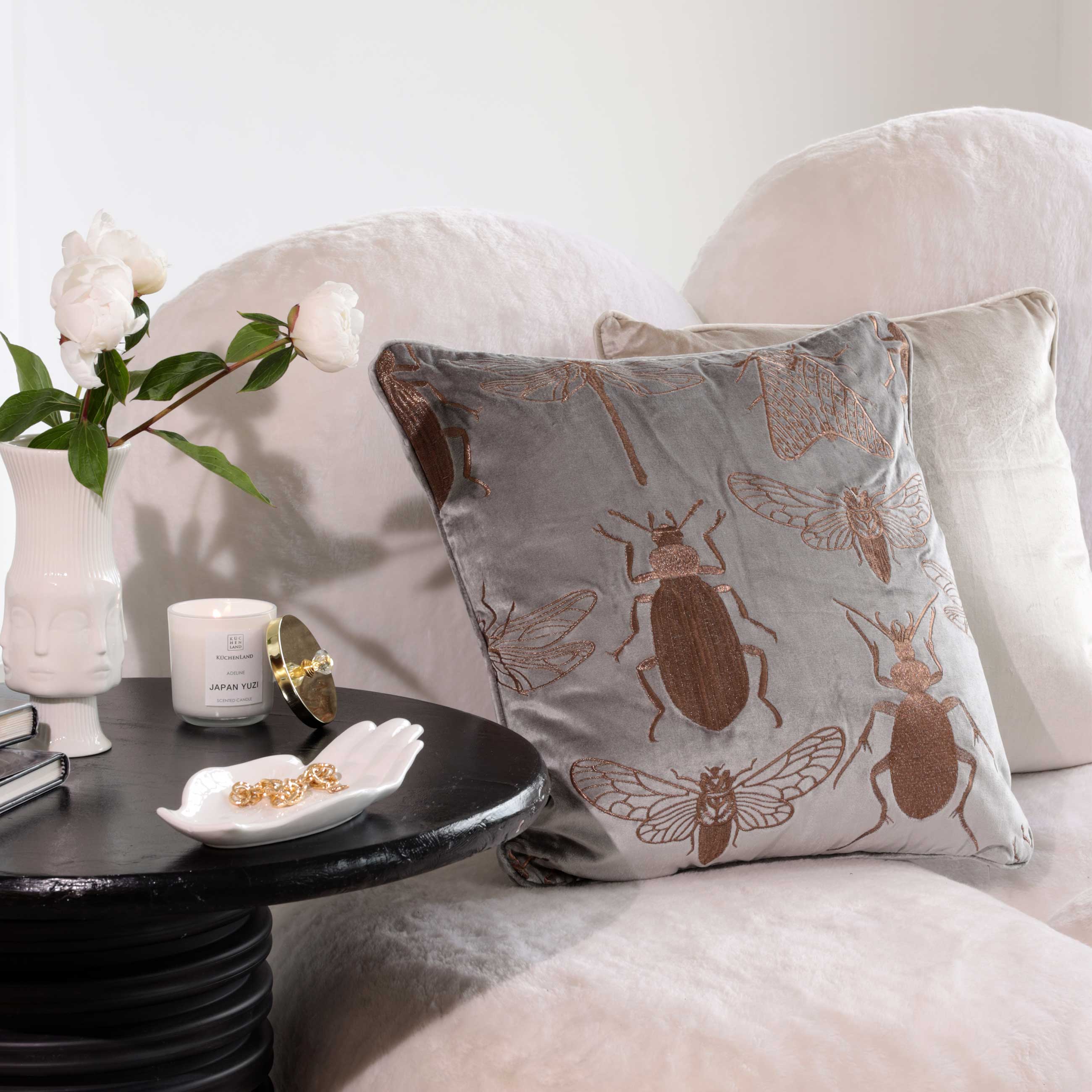 Decorative pillow, 50x50 cm, corduroy / beads, beige-gray, Bugs, Bugs, image-4