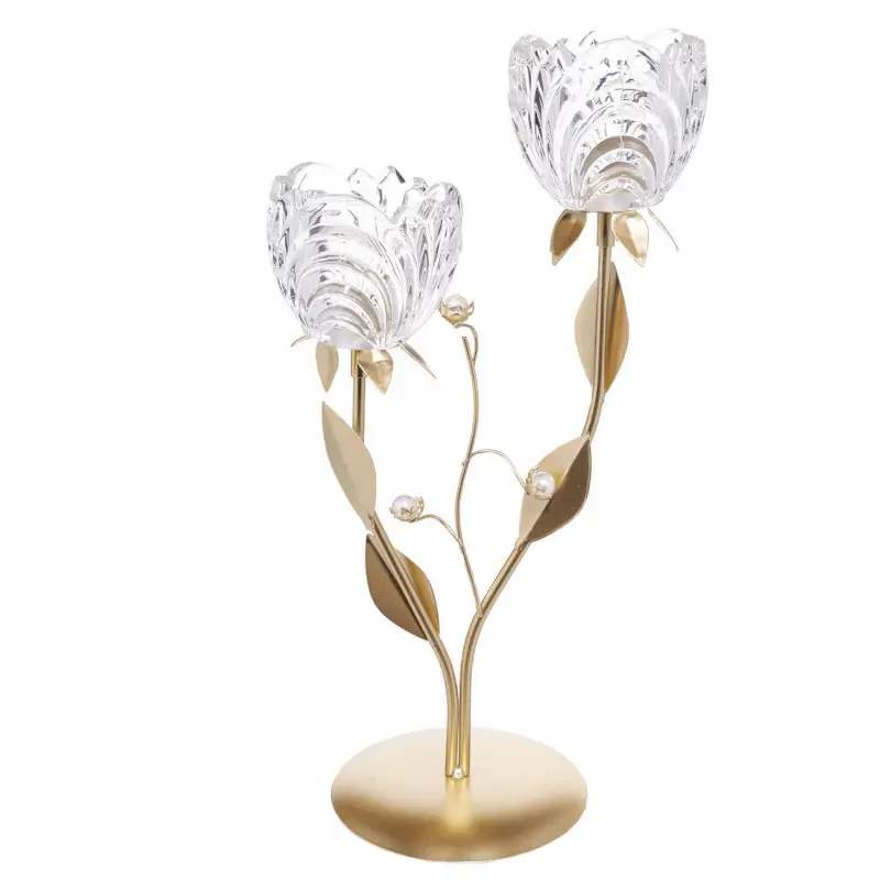 Candle holder, 39 cm, 2 tea candles, glass / metal, bronze, Flowers with beads, Fantastic flowers