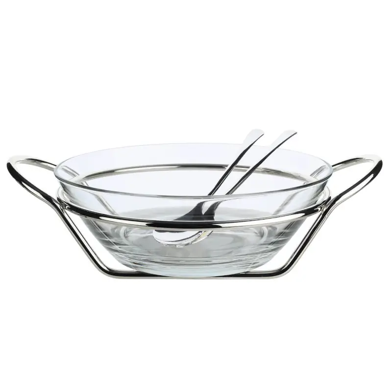 Salad bowl, 35x27cm, 2 l, 3 items, with spoon / fork, on a stand, glass / metal, Fantastic