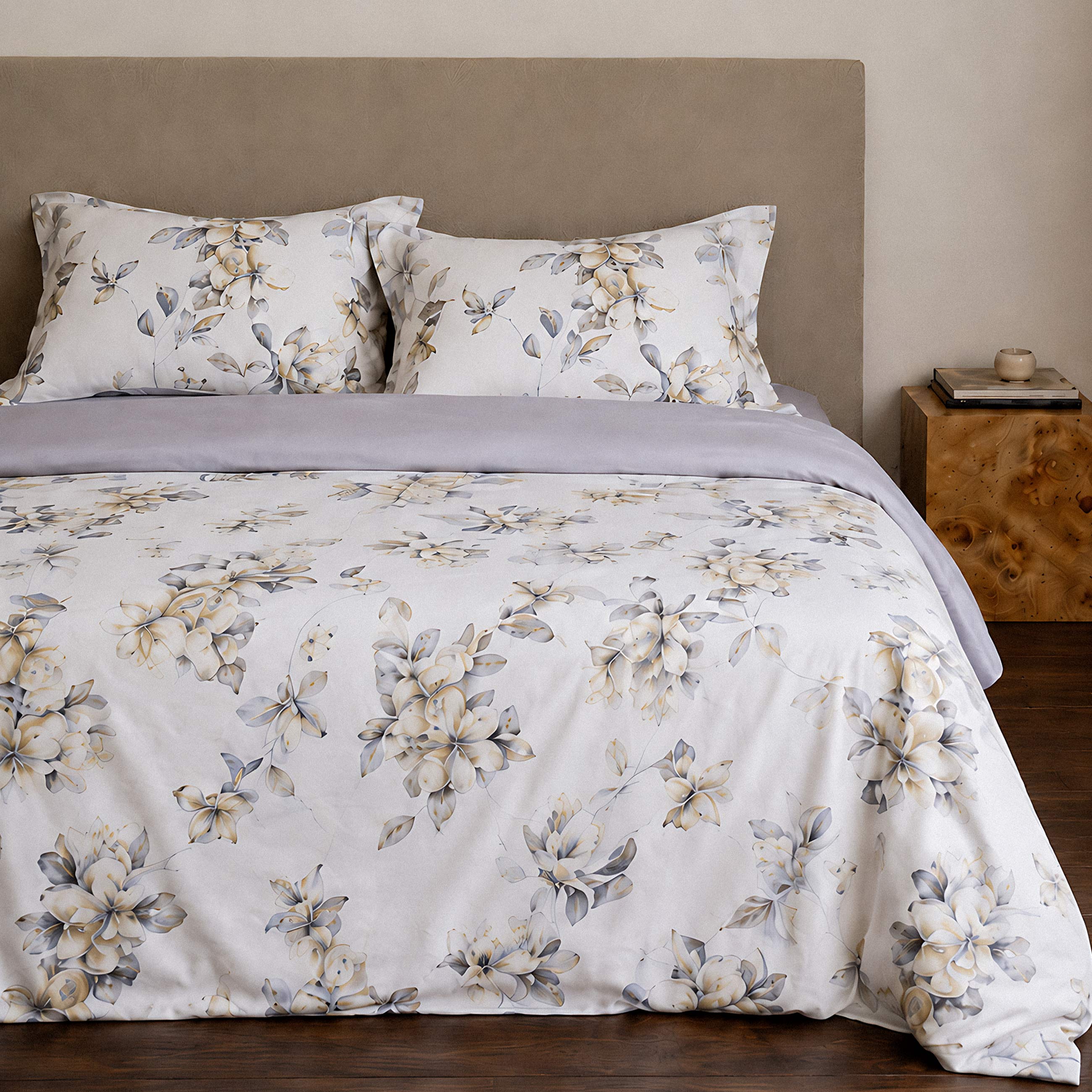 Bed linen set euro, Tencel 300 TC, milky gray, Magnolia flowers, Tencel