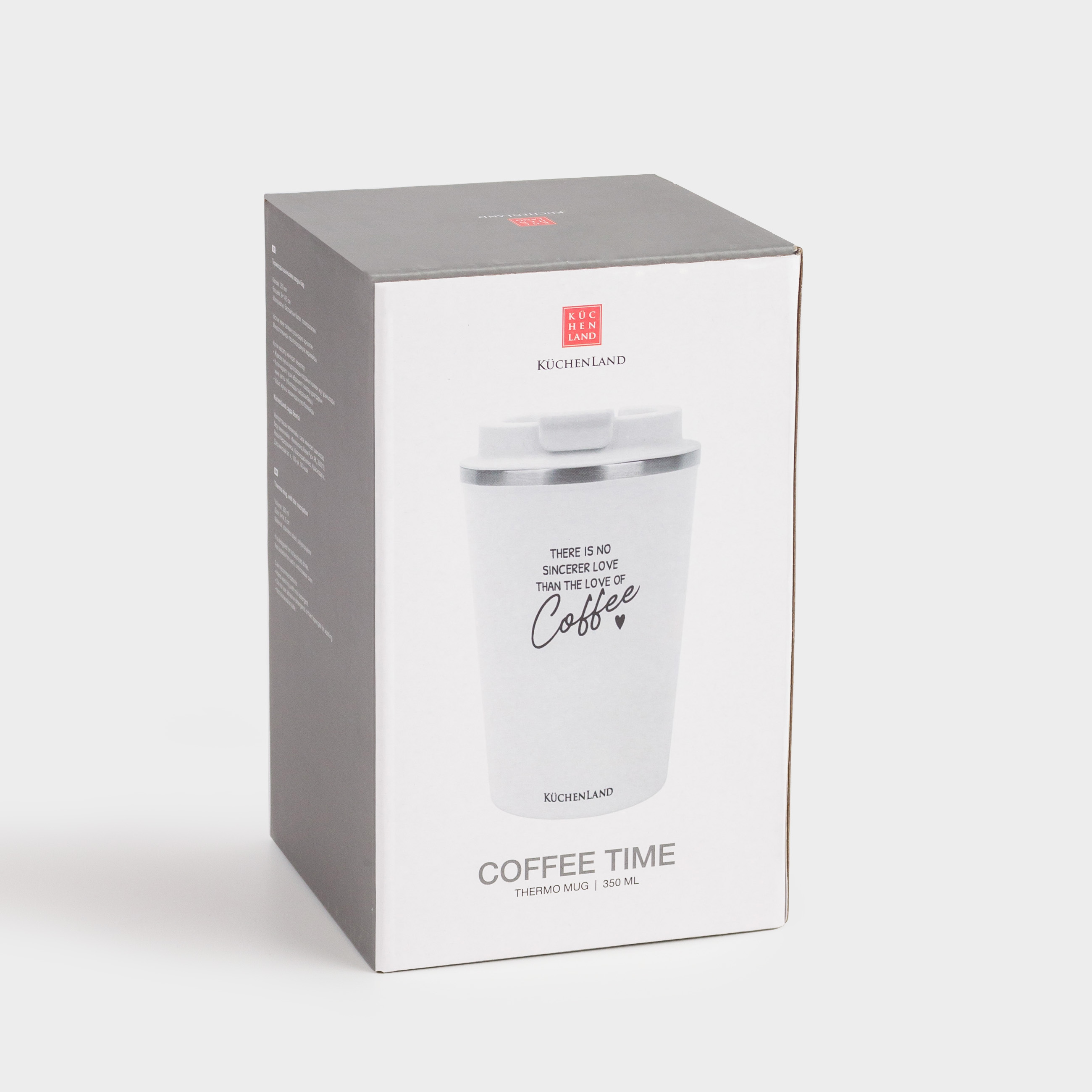 Thermo mug, 350 ml, steel / plastic, white, with inscription, Coffee time
