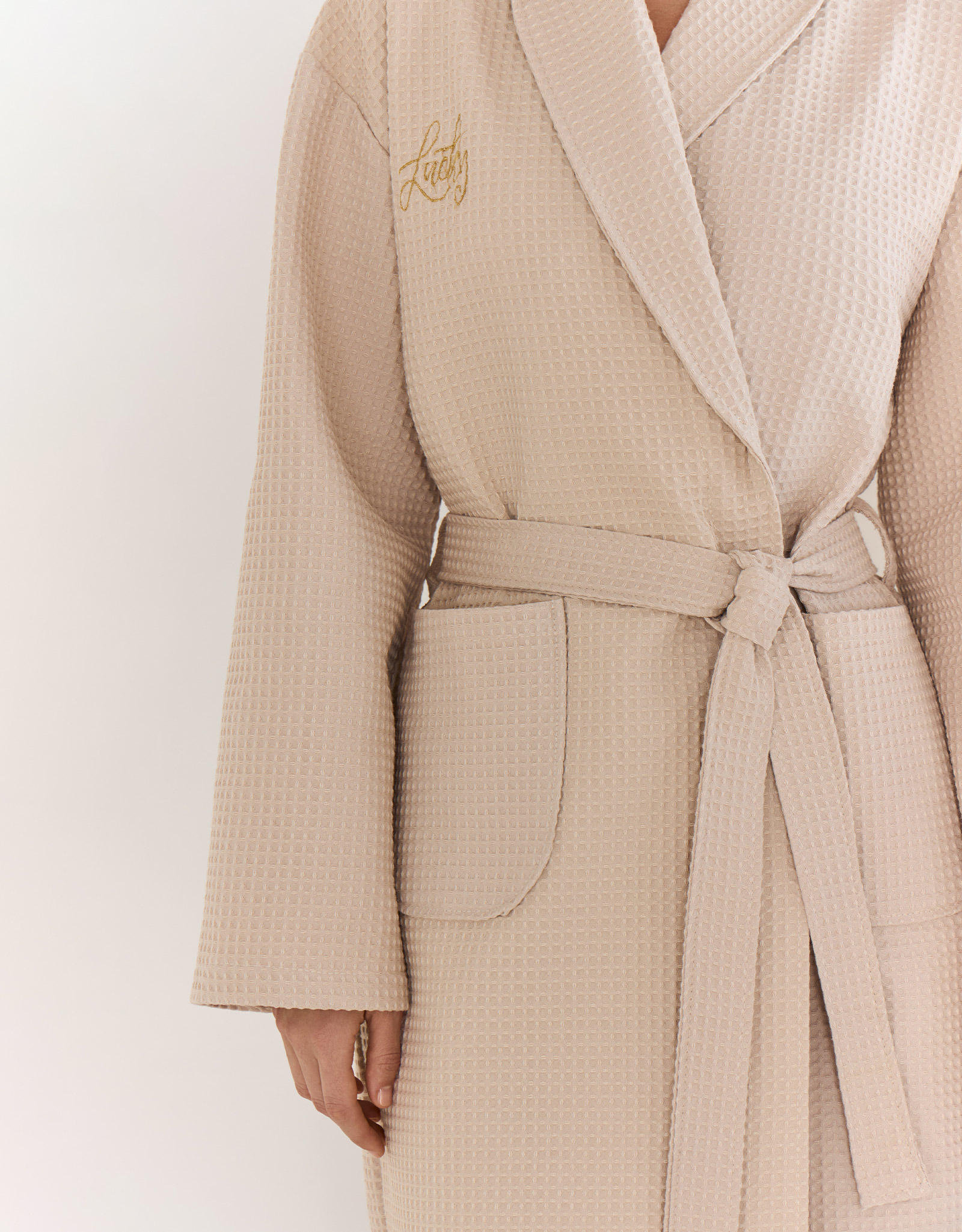 Women's robe, homewear, size L, with long sleeves, waffle, cotton, milky, Lucky, Stefani, image-3