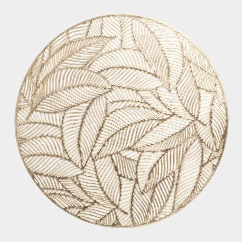 Placemat, 38 cm, PVC, round, golden, Leaves, Azhur Grid ,image-0