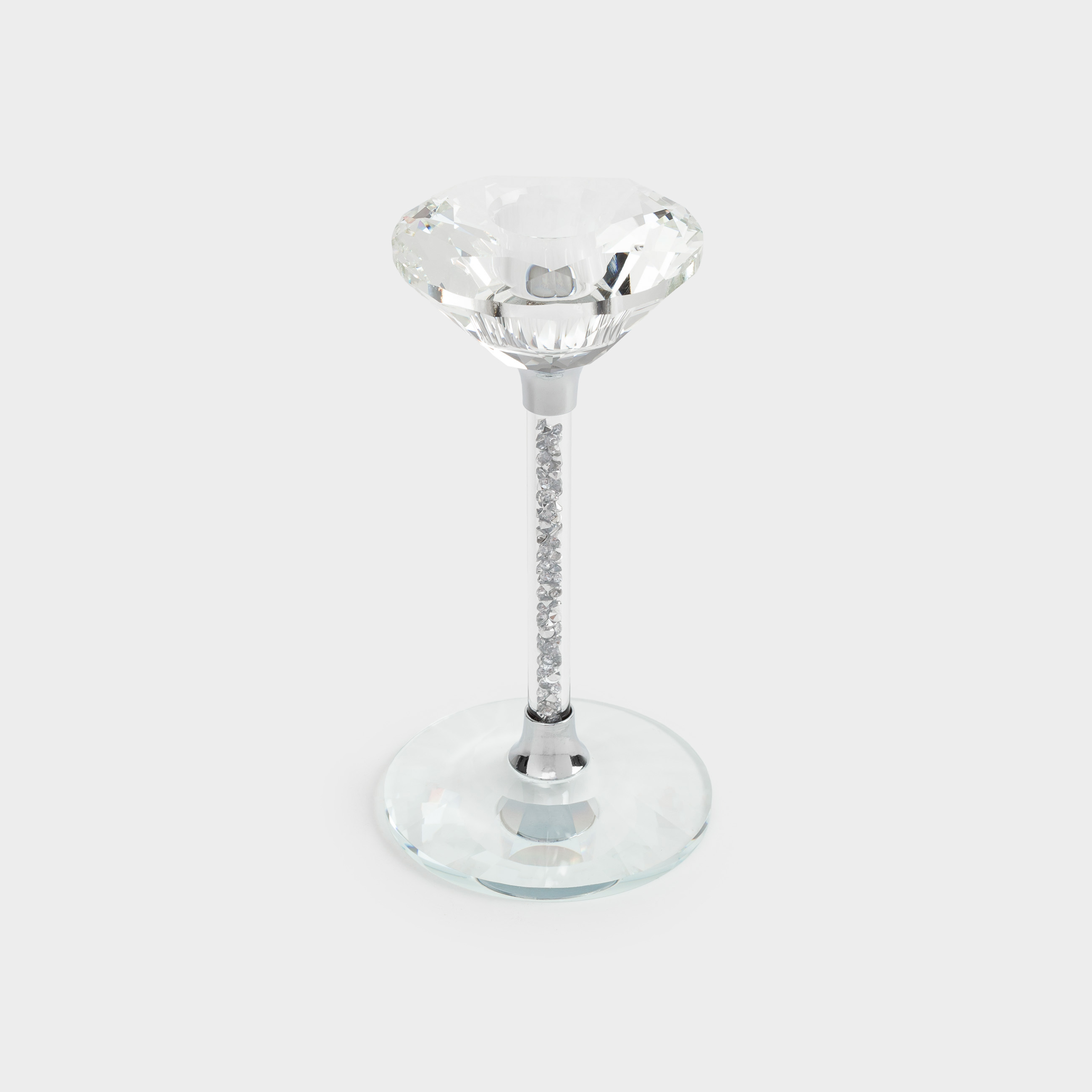 Candlestick, 15 cm, for a thin candle, on a leg, glass / rhinestones, Silver crystals, Diamond