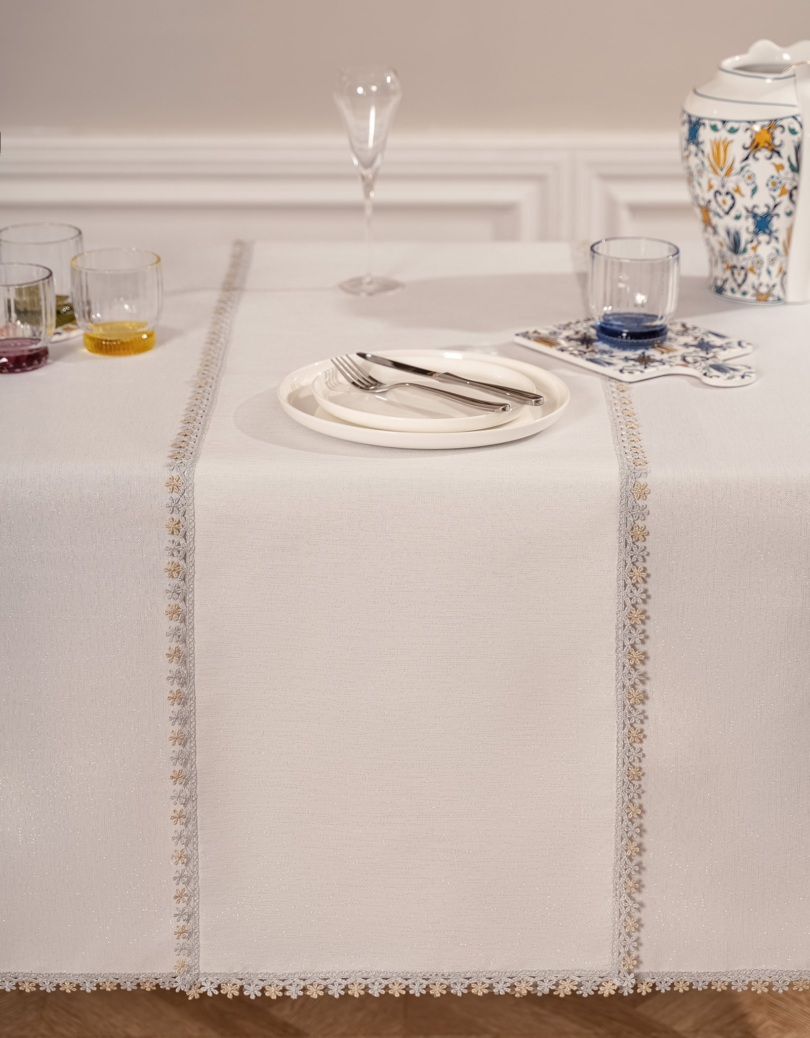 Table runner, 40x160 cm, polyester, white, Floral lace, Flower lace, image-3