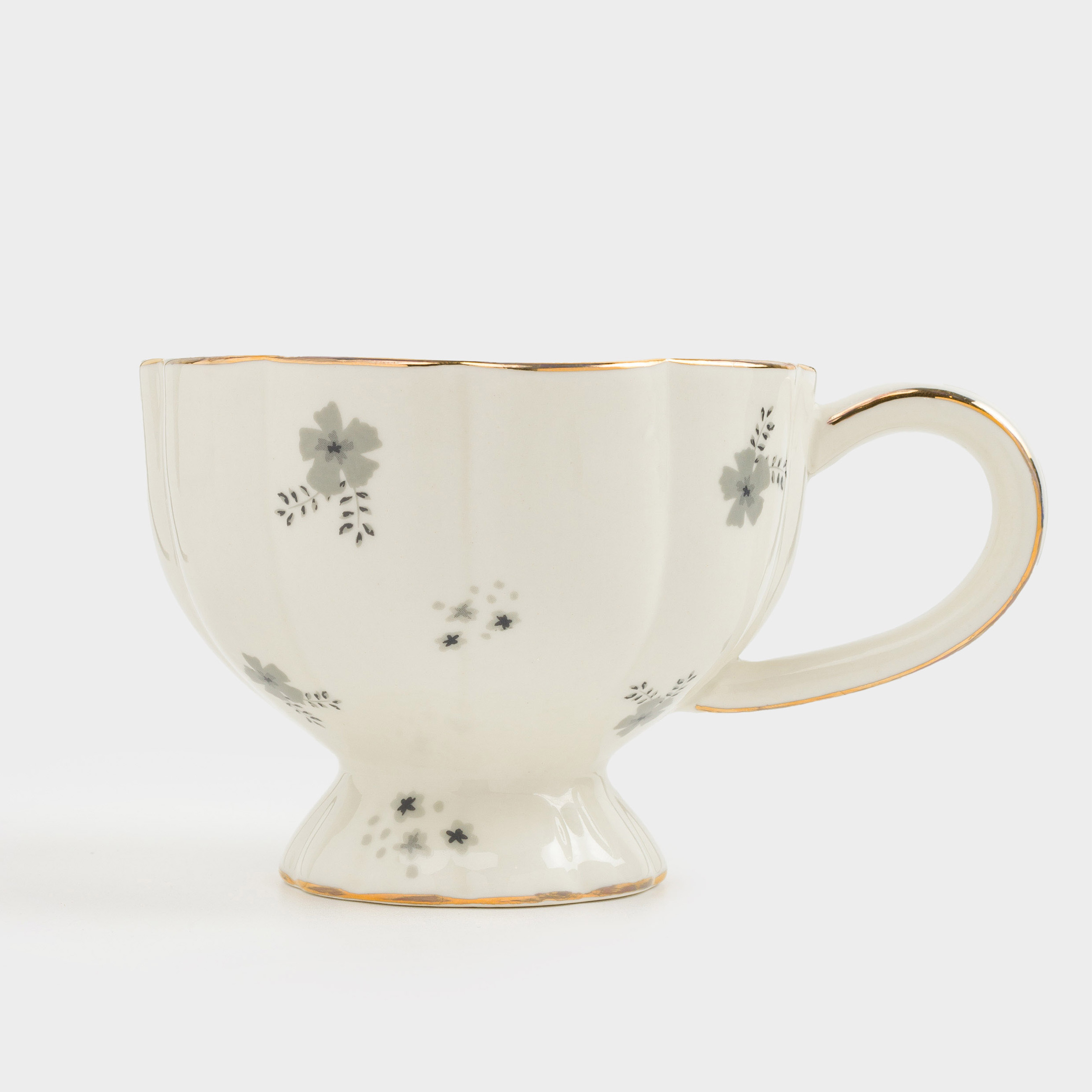 Mug, 360 ml, porcelain P, milky, with golden edging, Grey flowers, Florals, image-2