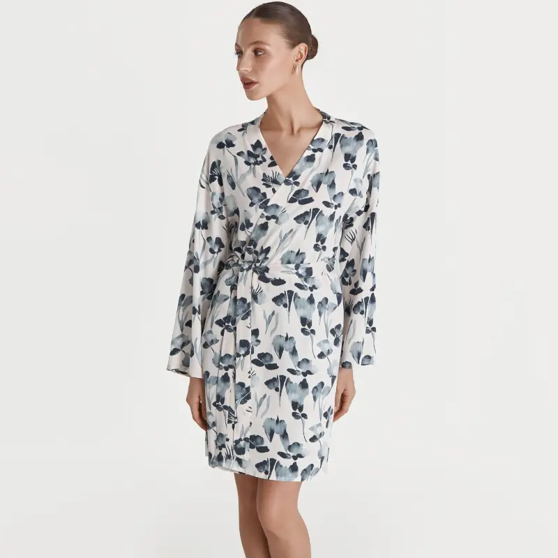 Robe for women, home, size L, long sleeve, viscose, milk, Blue flowers, Telia ,image-0