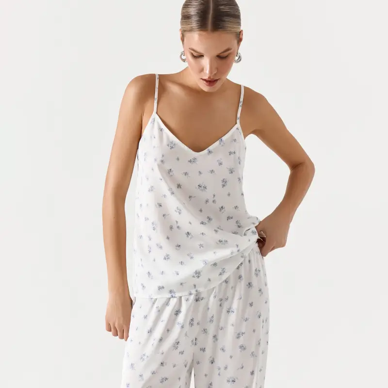 Women's top, homewear, size L, straps, polyester, blue and white, Flowers, Tesia