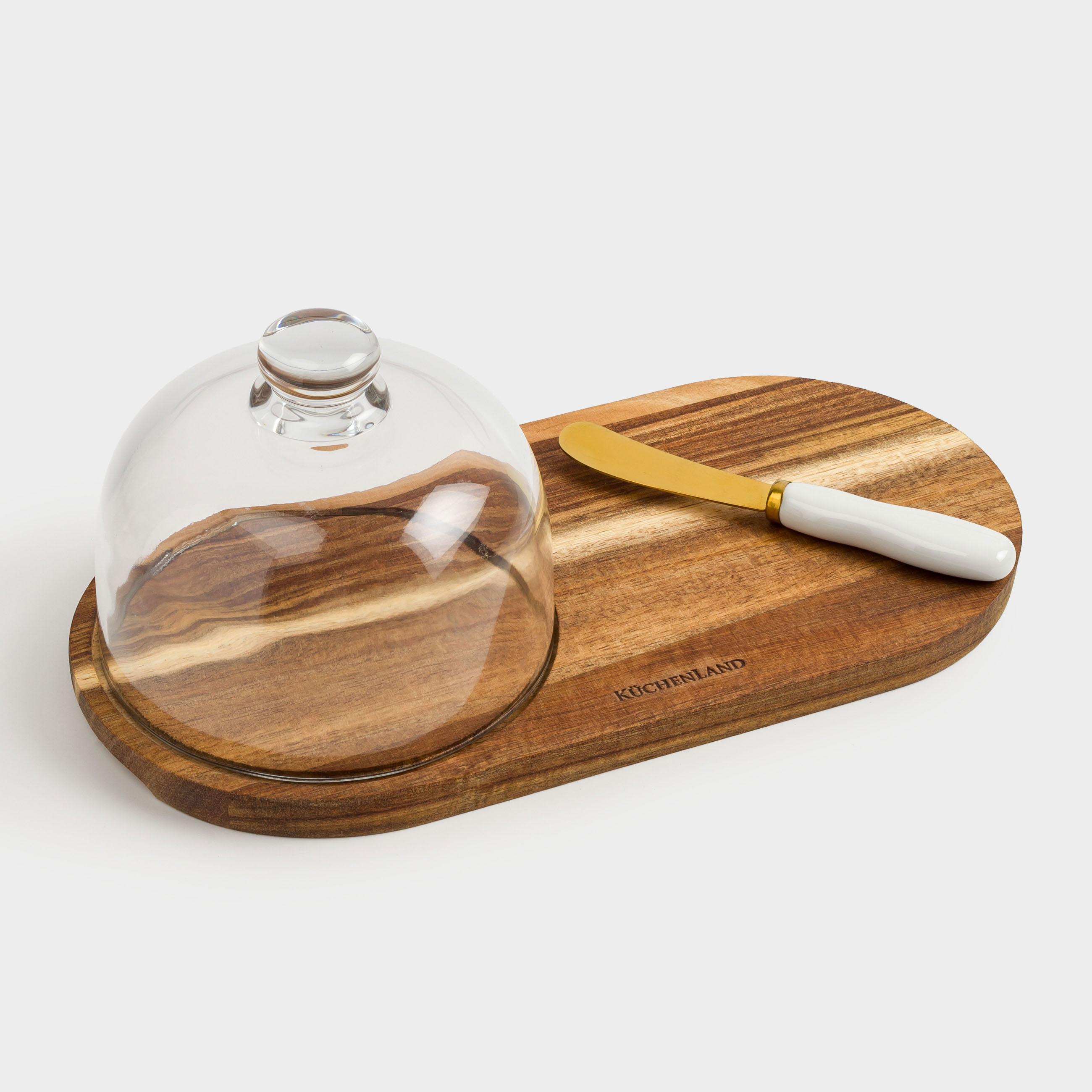 Cheese set, 3 items, dish board / dome, wood / steel / glass, Noble tree