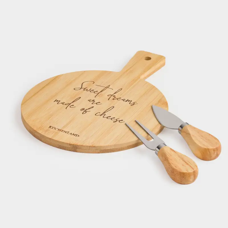 Cheese set, 3 items, dish board with handle, bamboo / steel, round, Cheese, bamboo