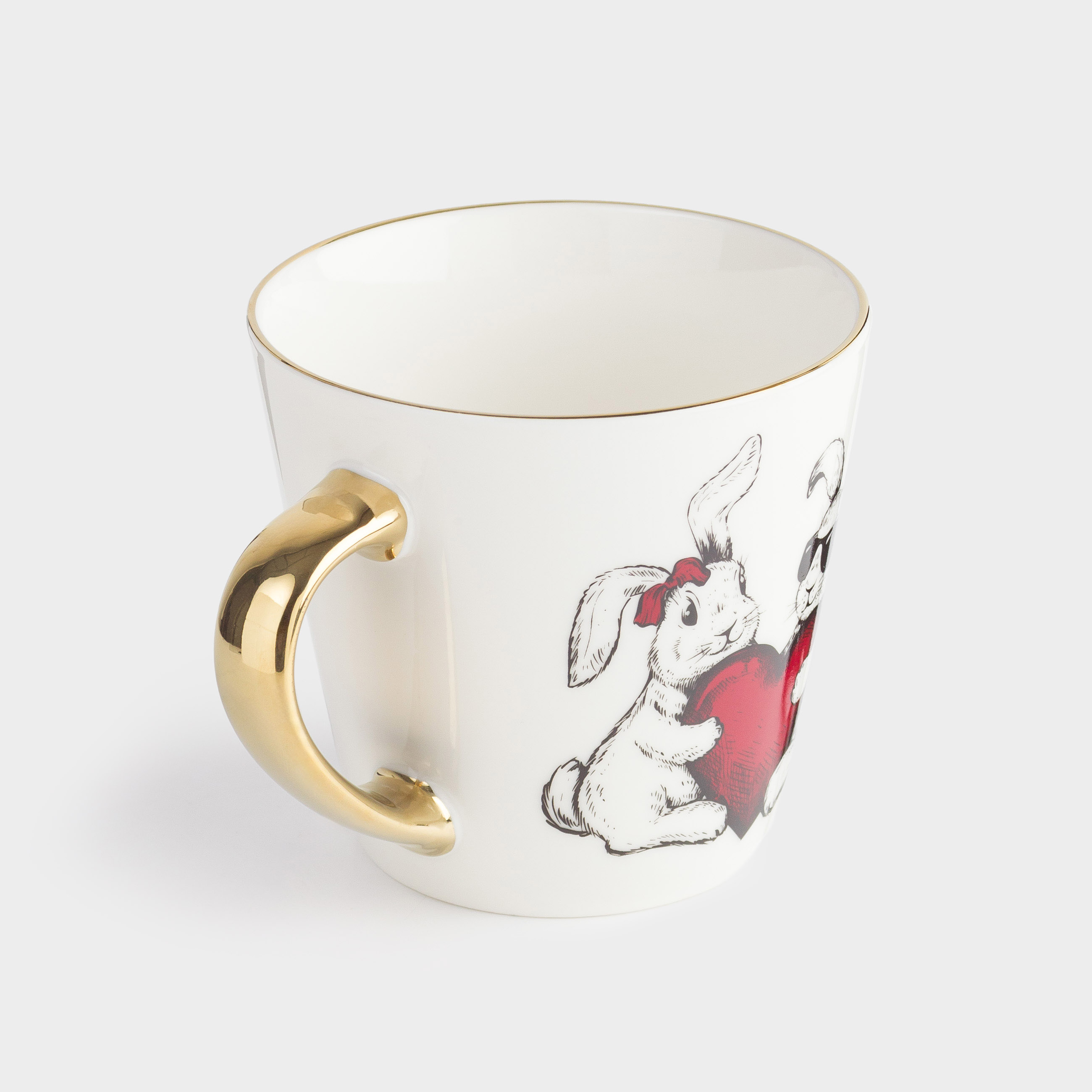 Mug, 330 ml, porcelain N, white and gold, Rabbits with heart, Rabbit, image-2