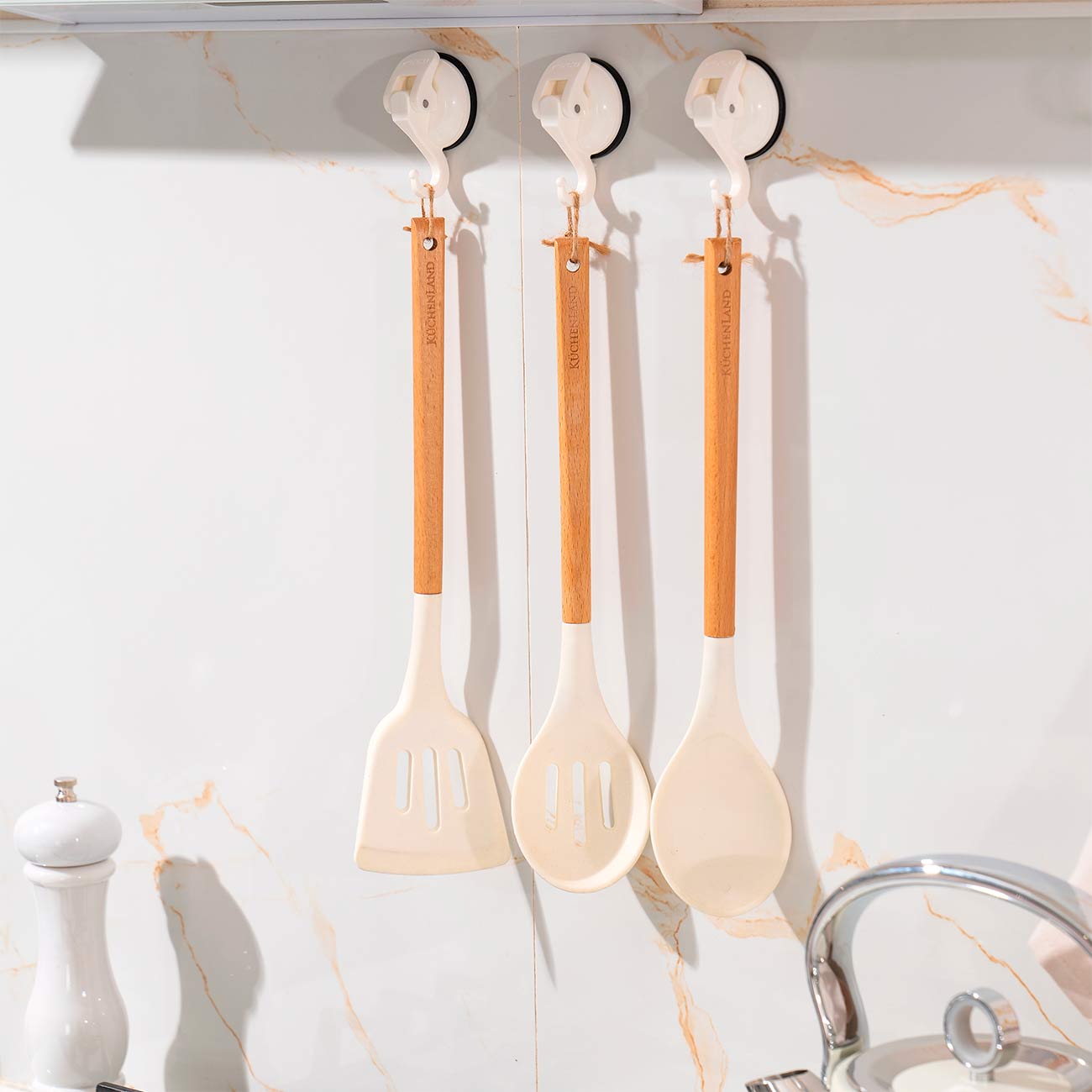 Serving spoon, 32 cm, silicone / wood, beige, Provence
