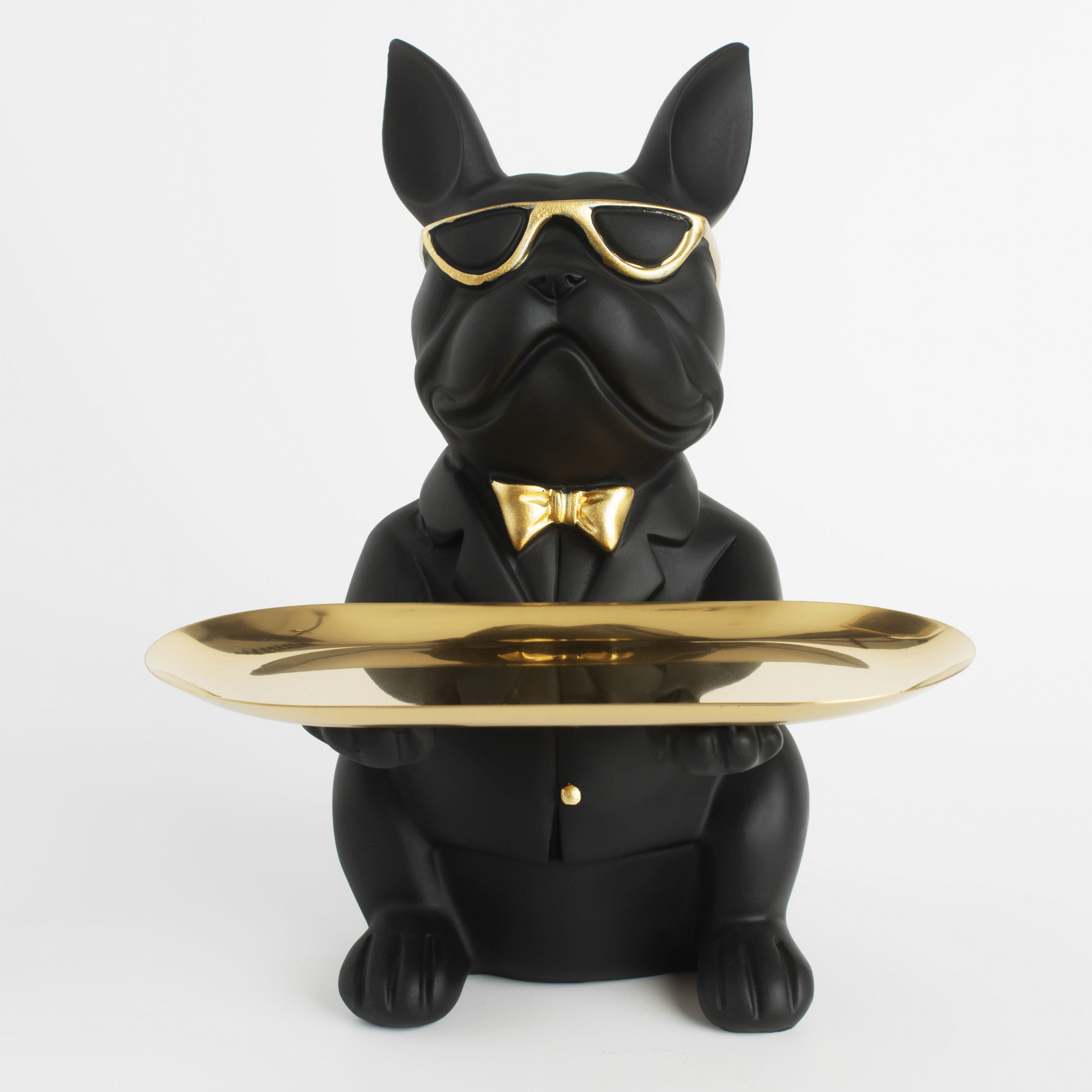 Decorative dish, 23 cm, with piggy bank, polyresin / metal, golden-black, Bulldog, Dog, image-0