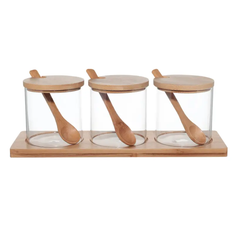 Bulk food jar, 330 ml, 3 pcs, with spoons, on a stand, glass/bamboo, Bamboo ,image-0