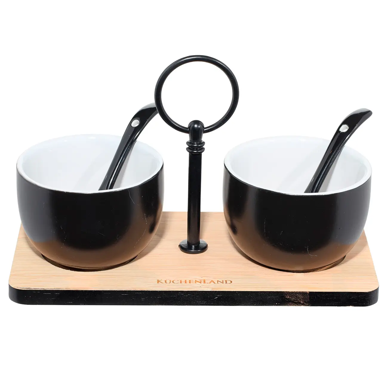 Jam/sugar bowl, 120 ml, 2 pcs, with spoon/stand, ceramic / bamboo, black, Loft, image-0