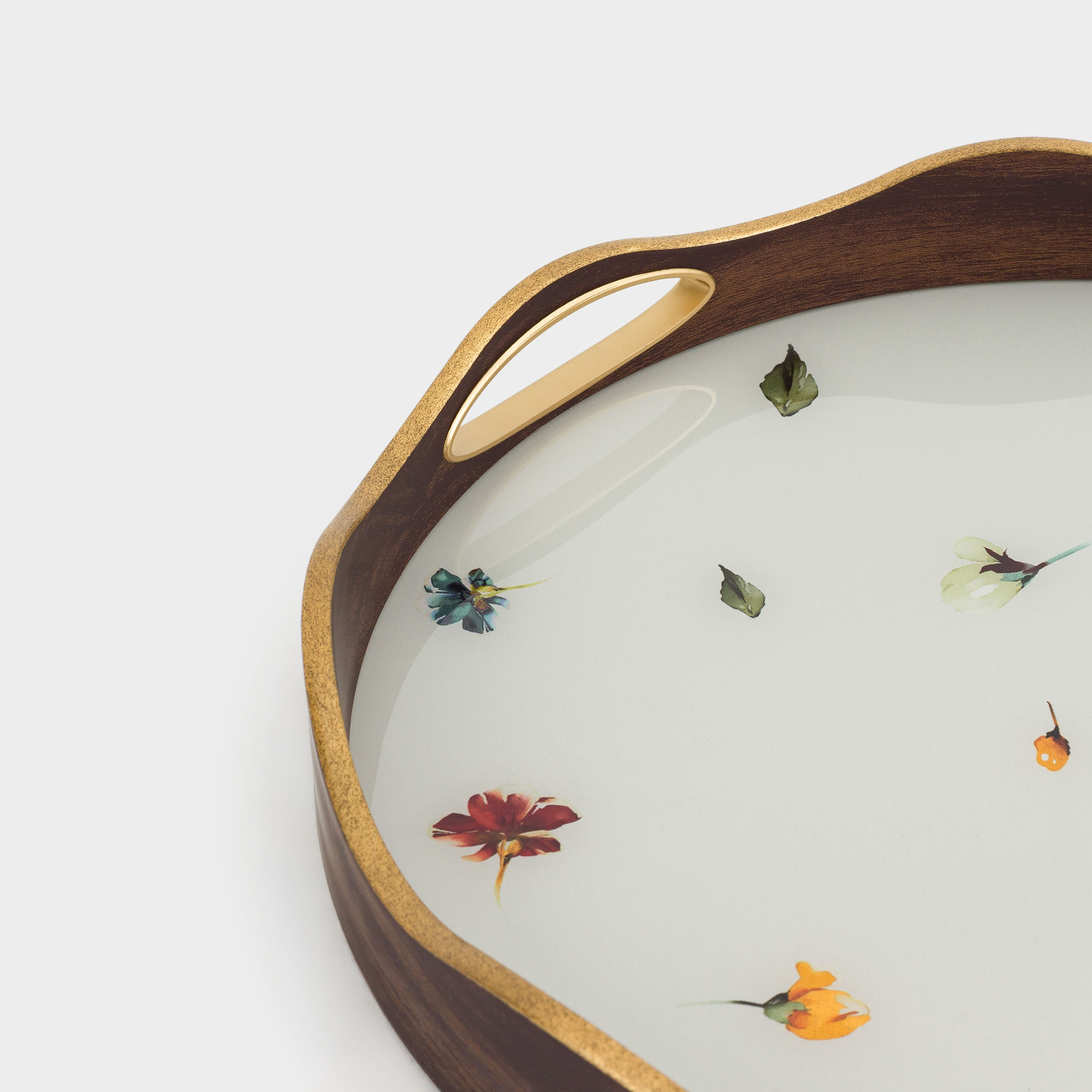 Tray, 34 cm, plastic / glass, round, golden, Flowers, Generic flowers