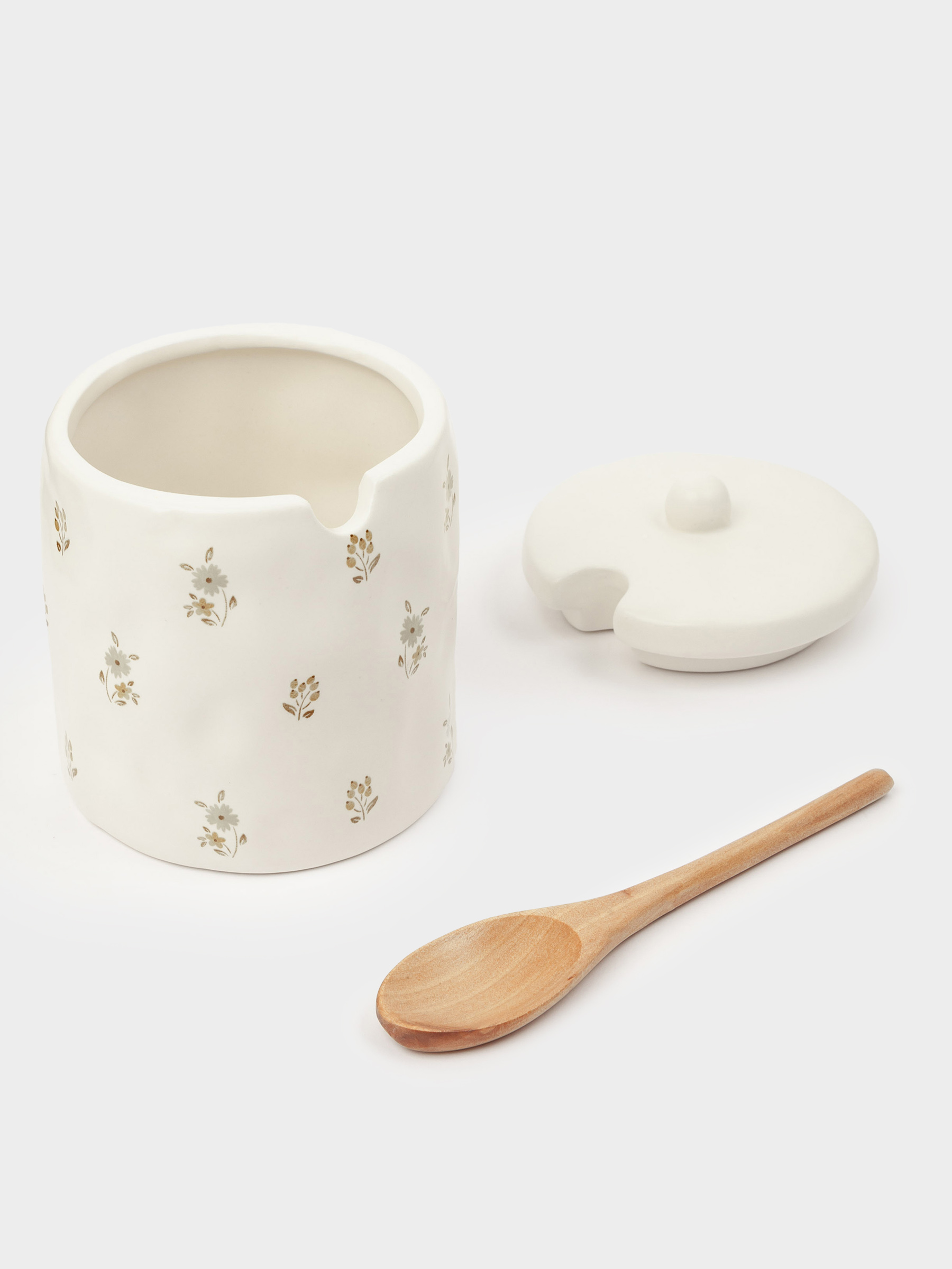 Sugar bowl, 11 cm, 370 ml, with spoon, ceramic / wood, milk, Vintage flowers, La flore, image-2