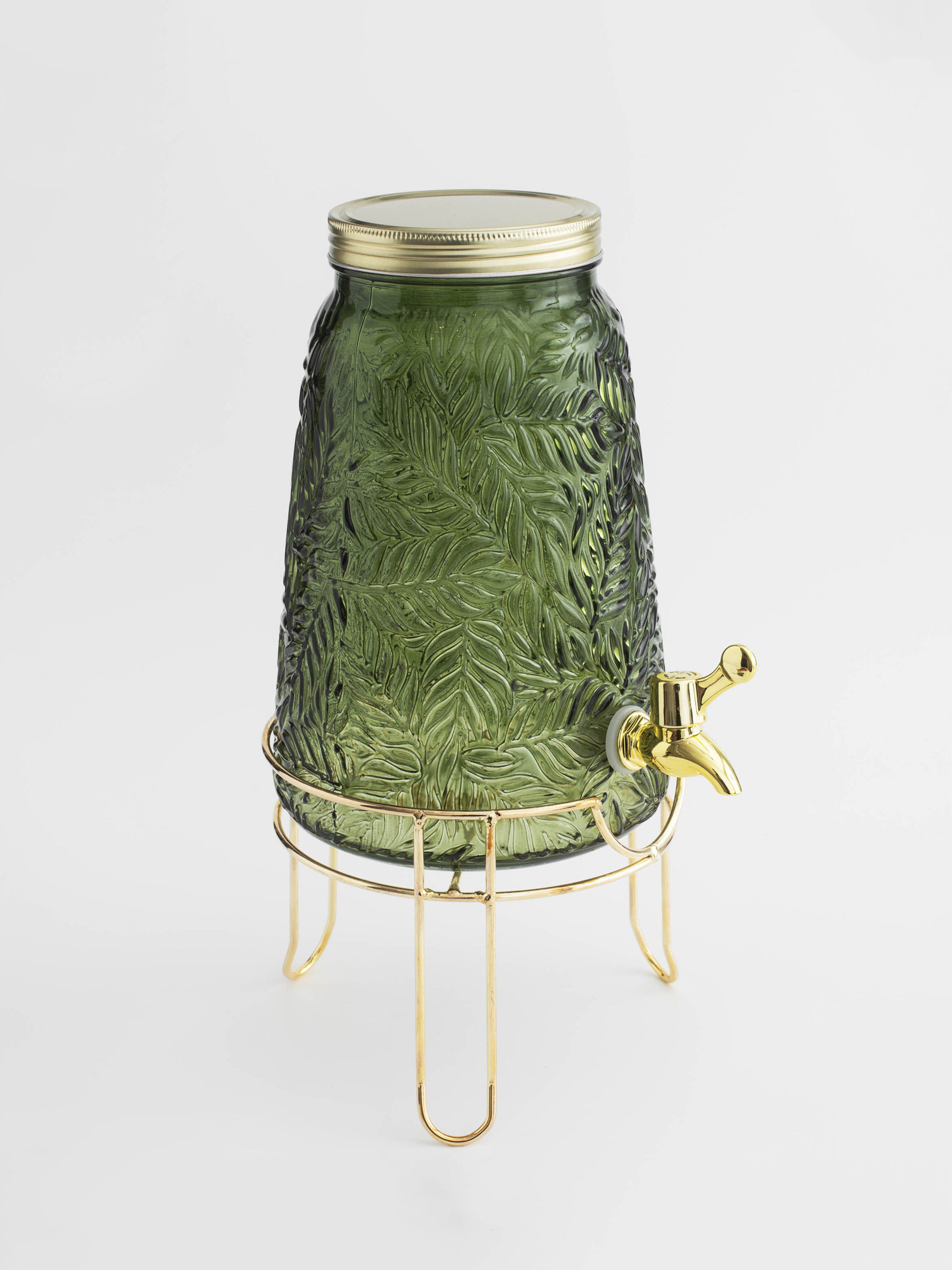 Drink dispenser, 3.5 L, on stand, glass R / metal, dark green, Leaves, Royal jungle, image-1