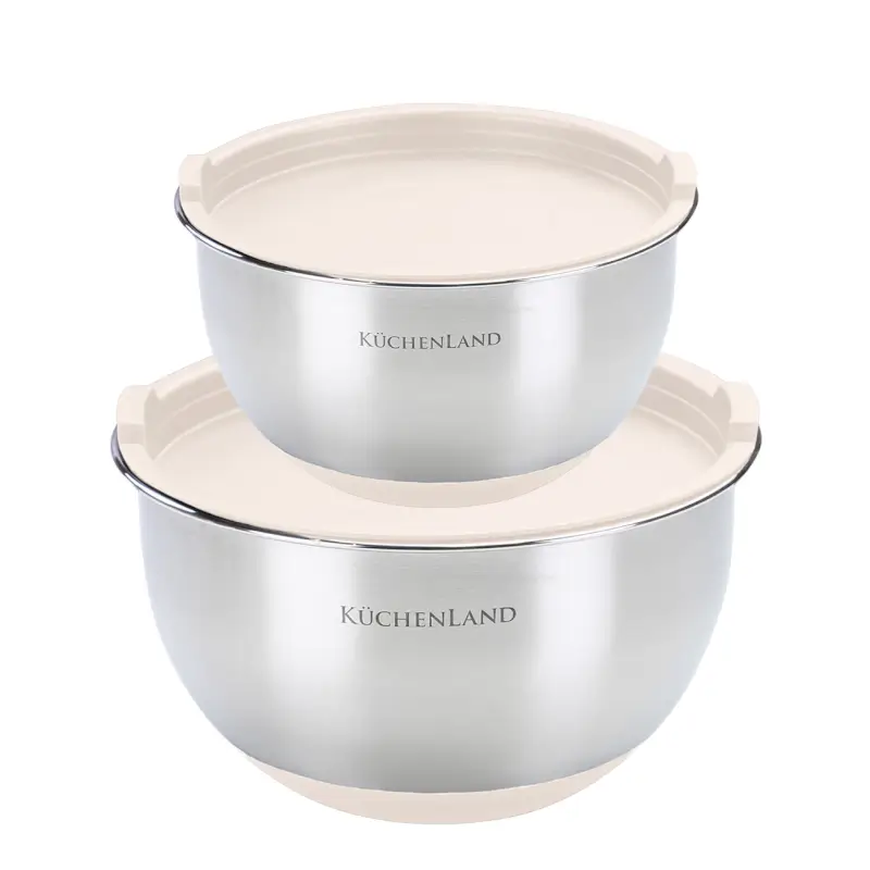 Bowl, 2/3 l, 2 pcs, with lid, anti-slip bottom, steel / plastic, beige, Terra ,image-0