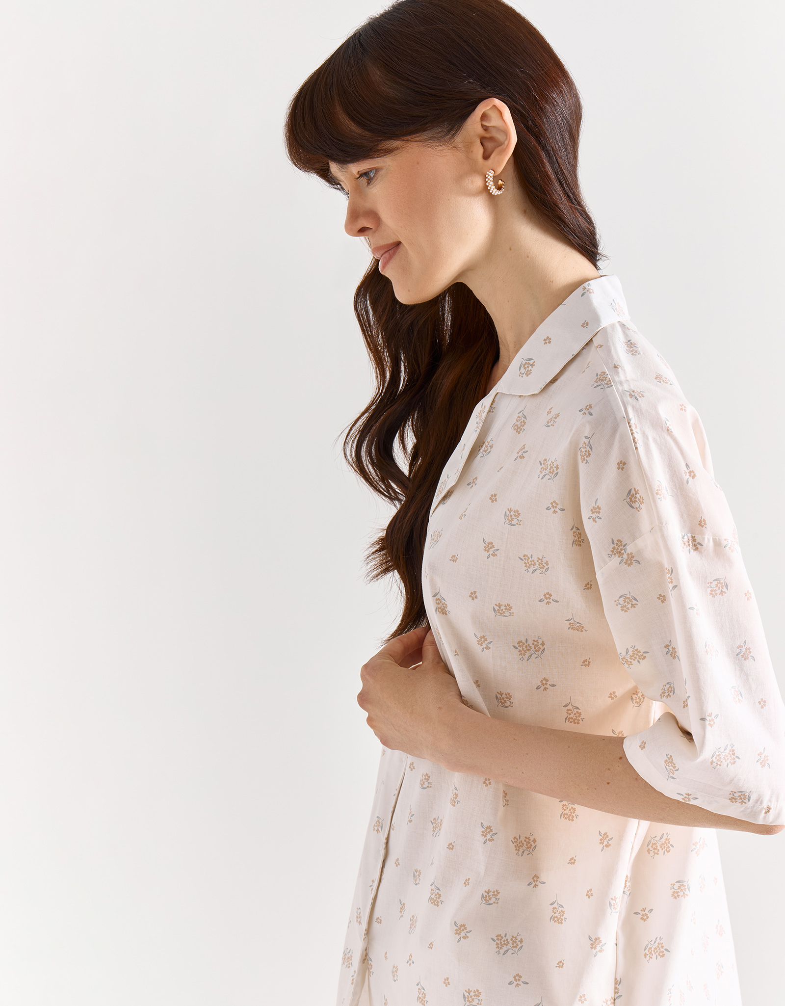 Women's shirt, homewear, size L, with short sleeves, cotton, white, Flowers, Florina, image-3
