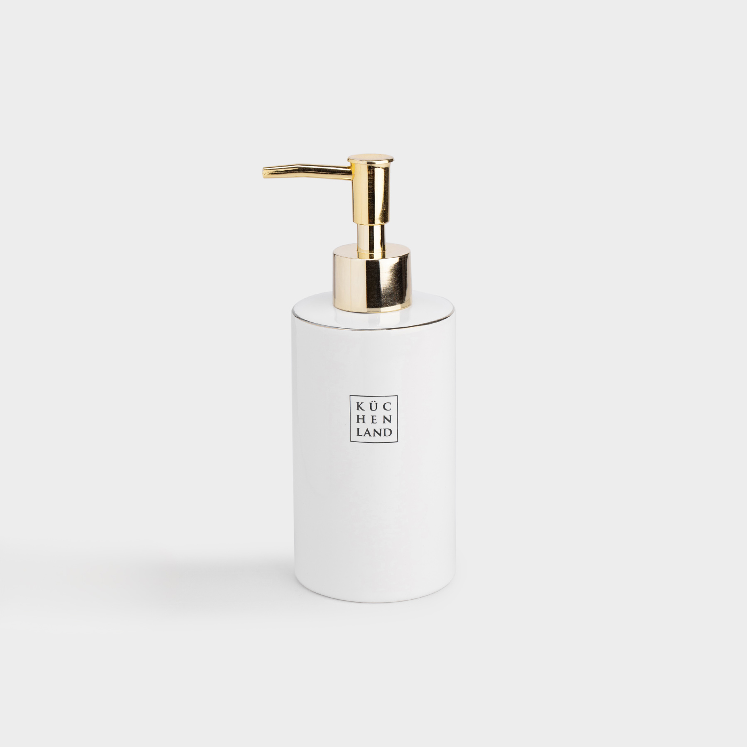 Liquid soap dispenser, 330 ml, ceramic / plastic, white and gold, Freya