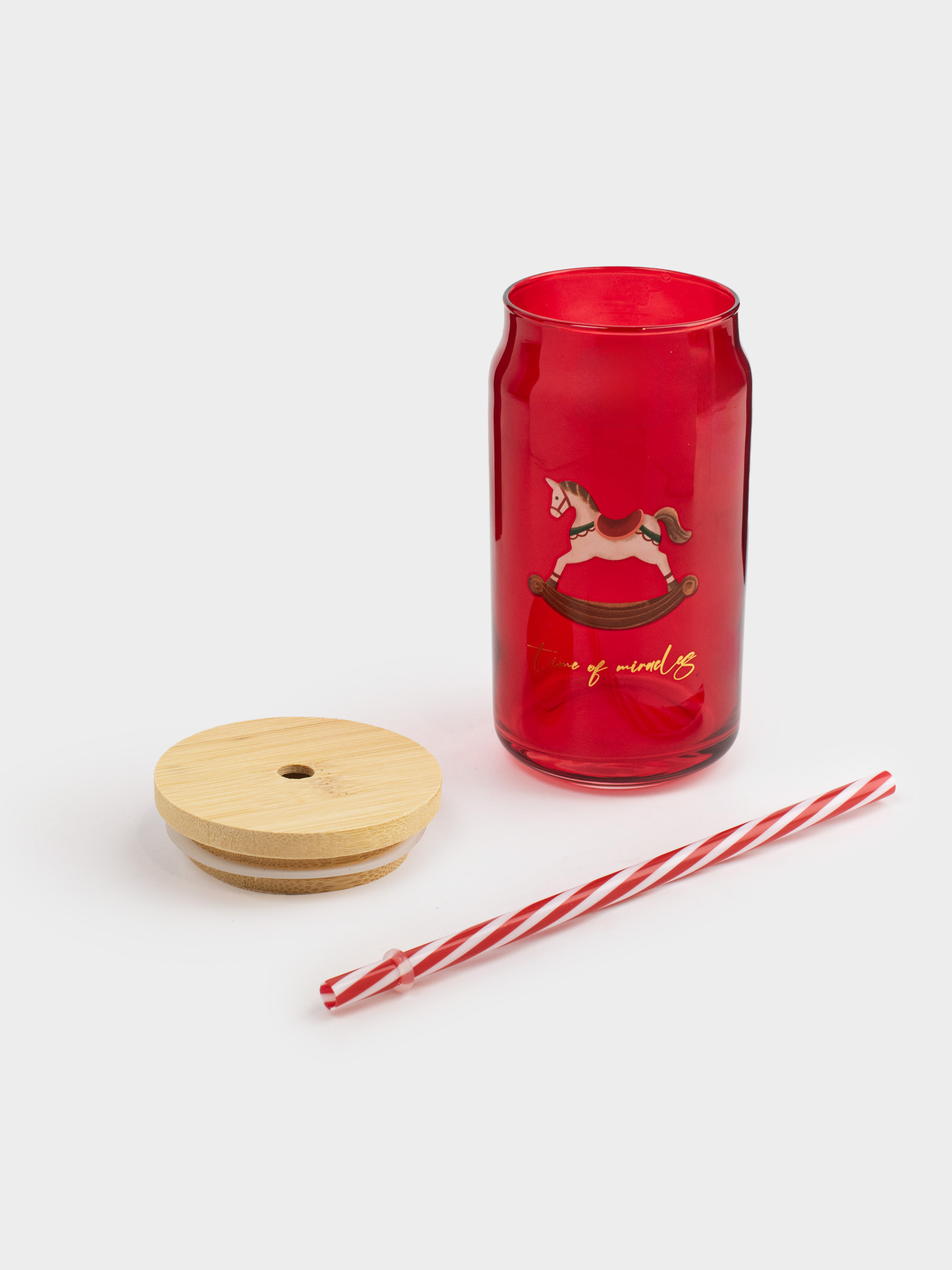 Beverage can, 450 ml, with a lid and a straw, glass, red, Horse, Crystal drink, image-5