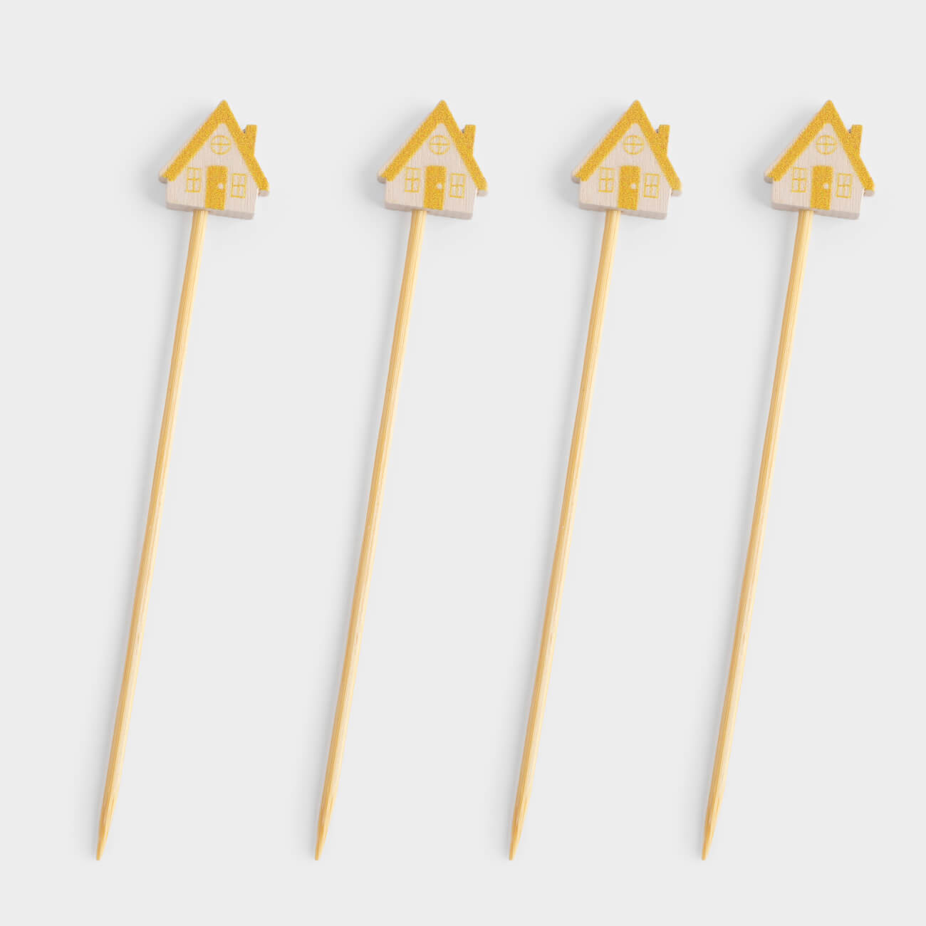 Canape skewers, 9 cm, 20 pcs, bamboo, white and gold, Snow-covered house, Elegant details, image-0