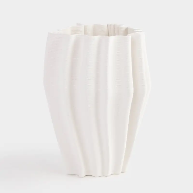 Flower vase, 26 cm, ceramic, milky, Textured lines, Crumple