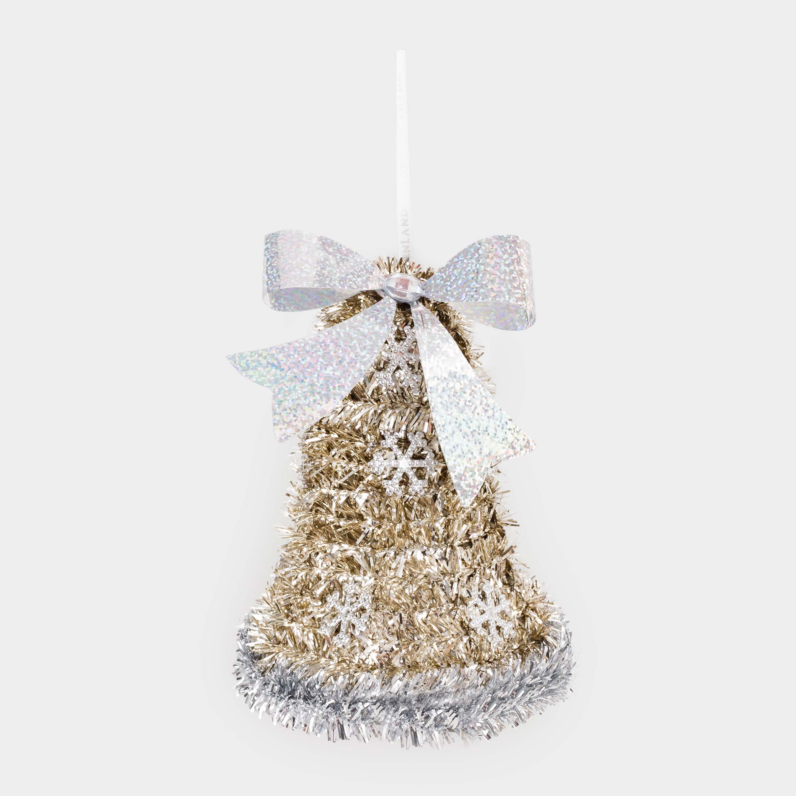 Christmas tree toy, 14 cm, tinsel/plastic, golden, Bell with bow, Tinsel christmas, image-1