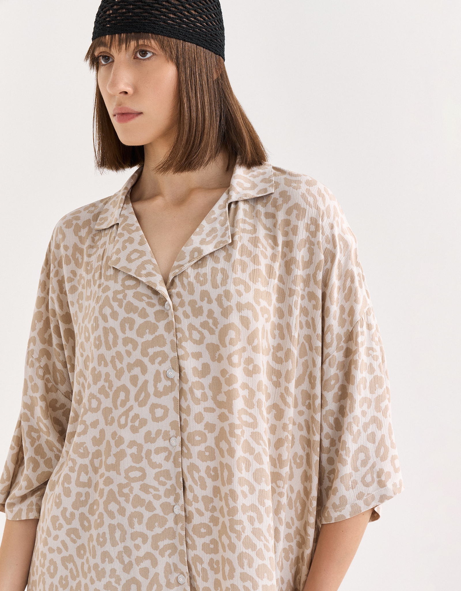 Women's shirt, size S, with short sleeves, viscose, gray-beige, Leopard, Becky, image-2