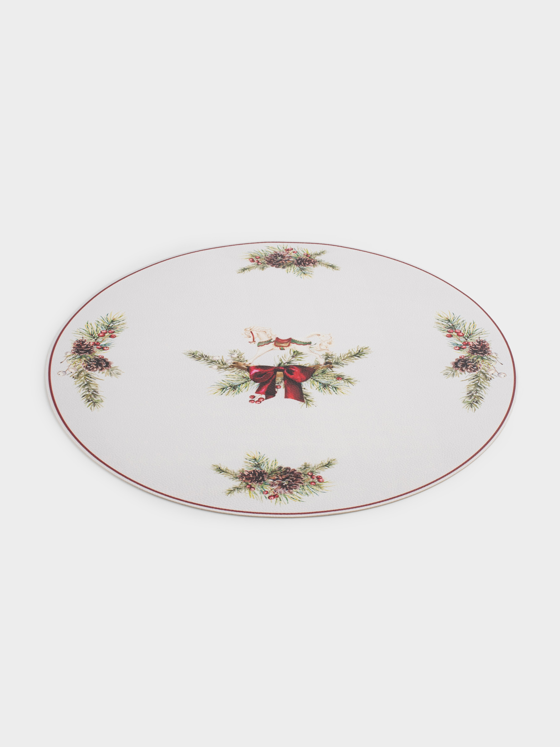 Placemat, 38 cm, PVC, round, white, Horse and fir branches, Rock print, image-1