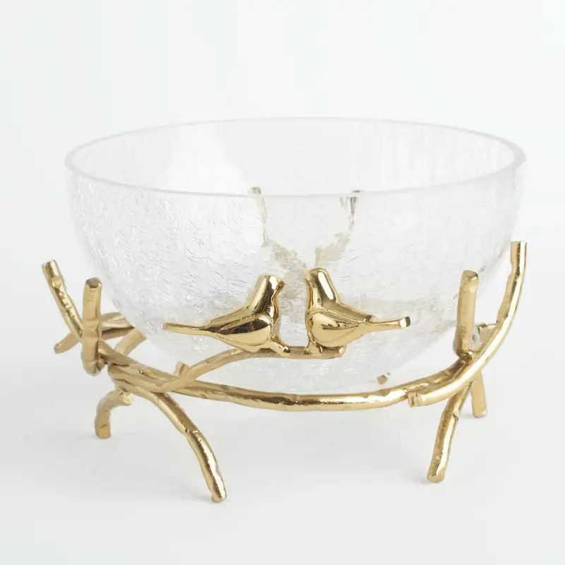 Deep dish, 21x9 cm, on a stand, glass / metal, golden, Birds, Fantastic gold ,image-0