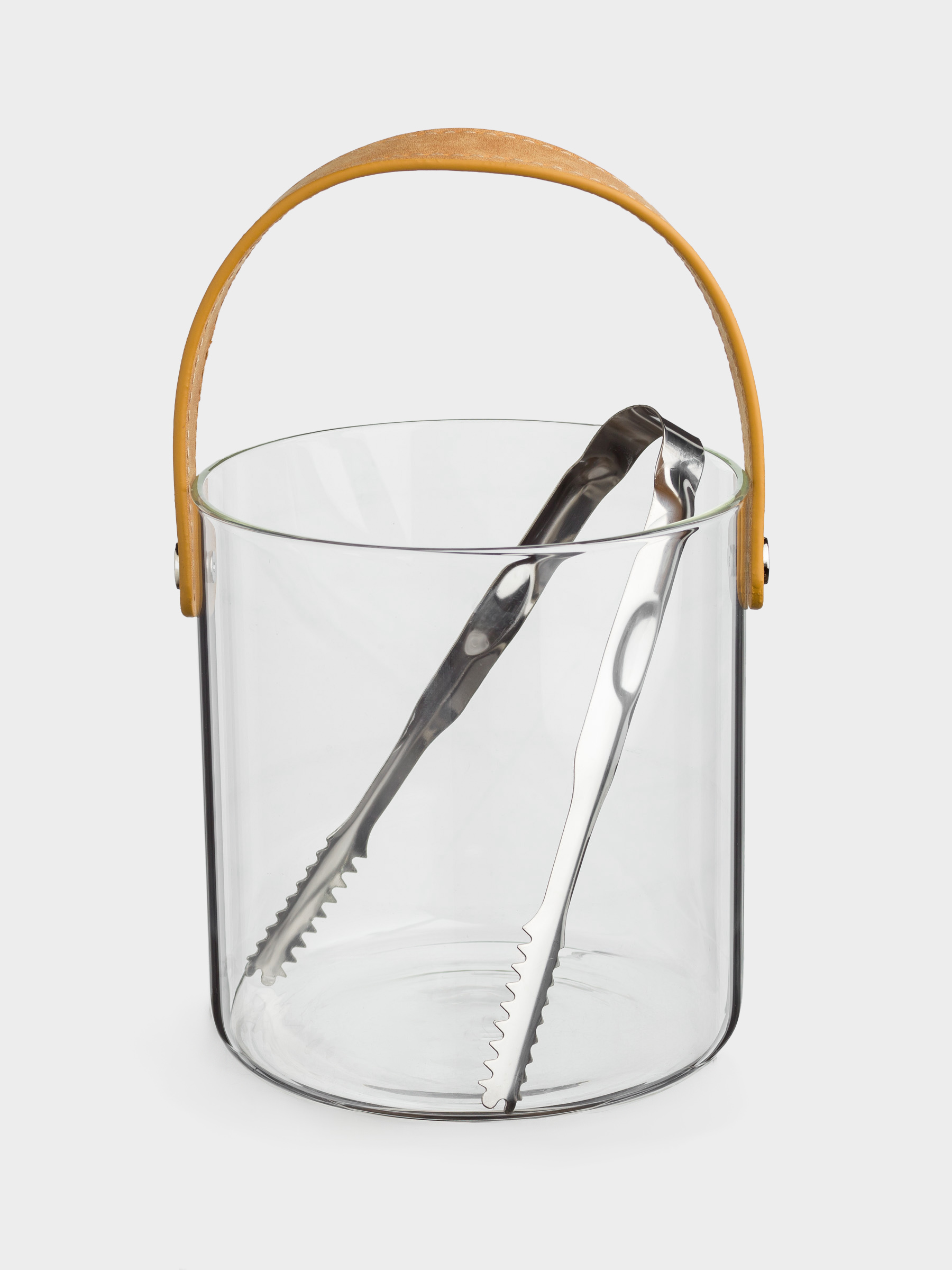 Ice bucket, 14 cm, with handle and tongs, Glass / PU leather, Clear devo, image-1