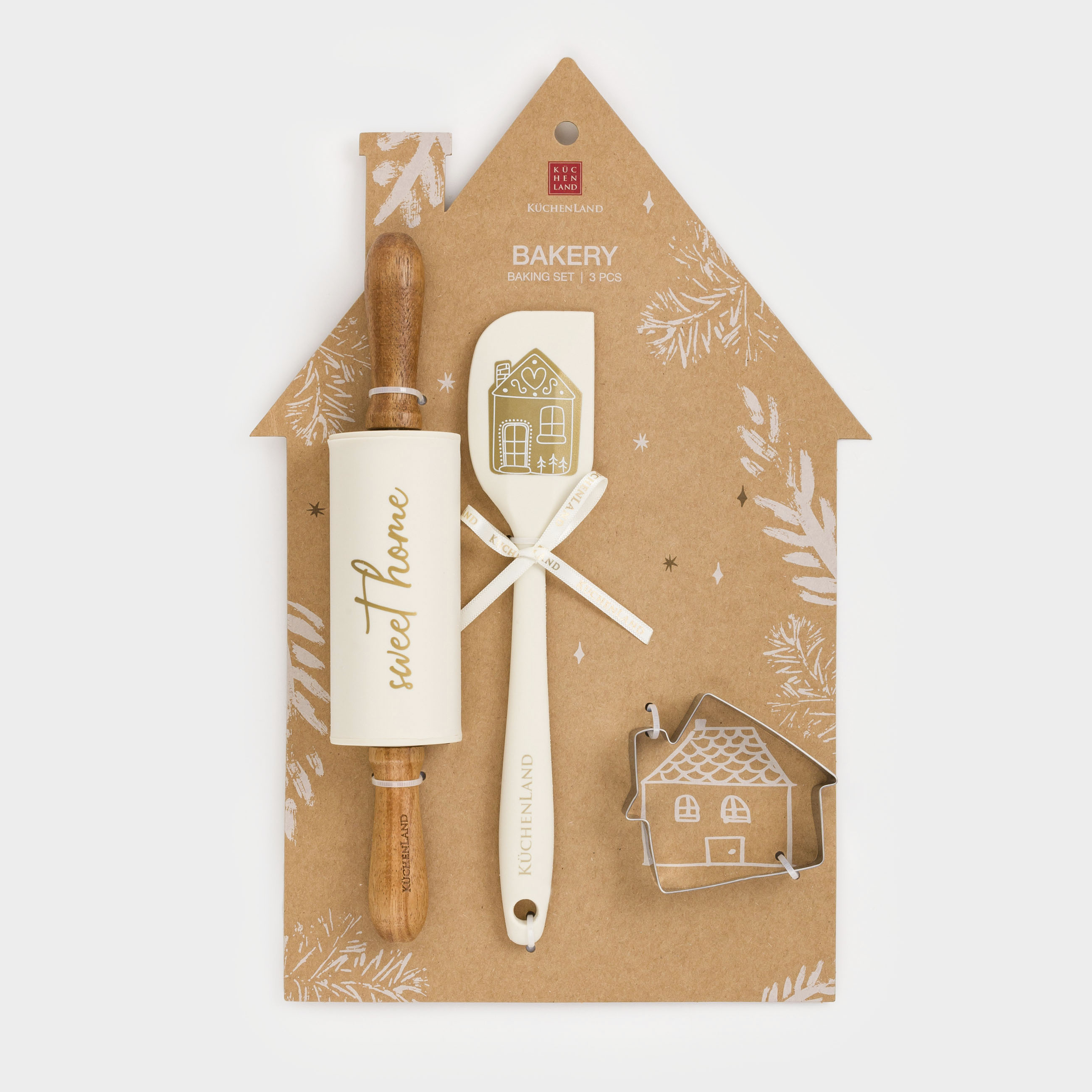 Baking set, 3 items, rolling pin/spatula / stamp/mold, silicone/wood, House, Bakery