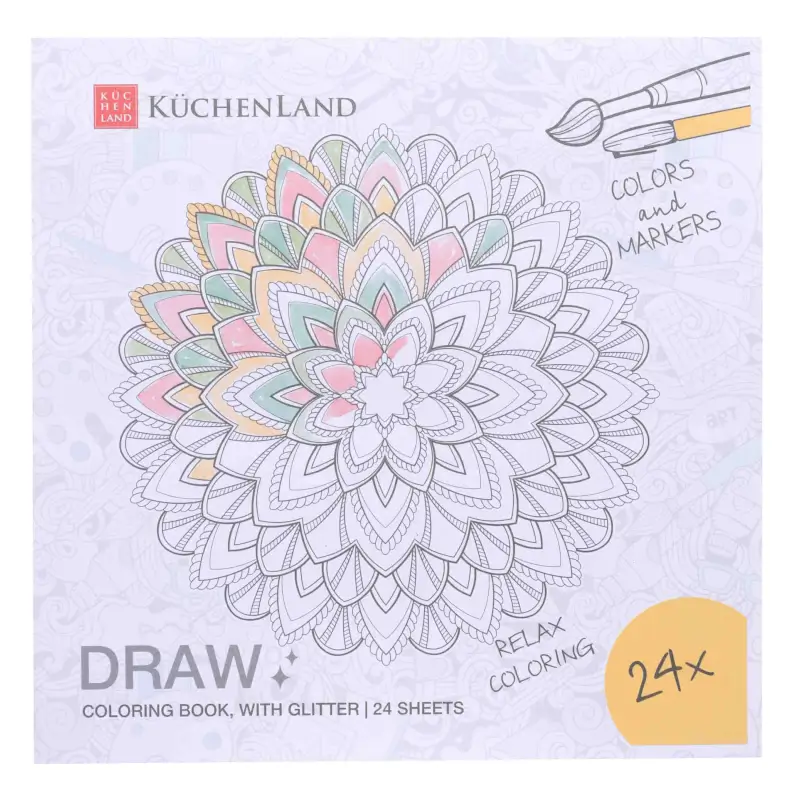 Coloring book, 20x20 cm, 24 sheets, with glitter, Patterns and animals, Draw ,image-0