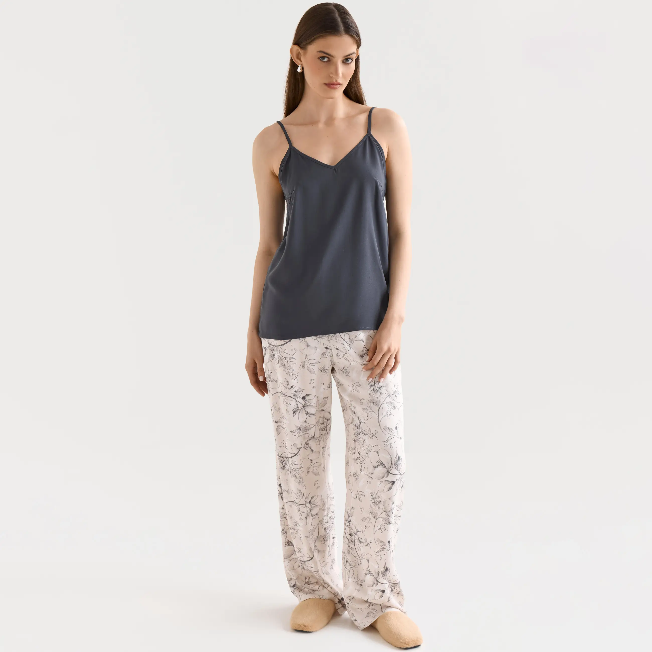 Women's trousers, homewear, size L, viscose, milky, Flowers, Janice