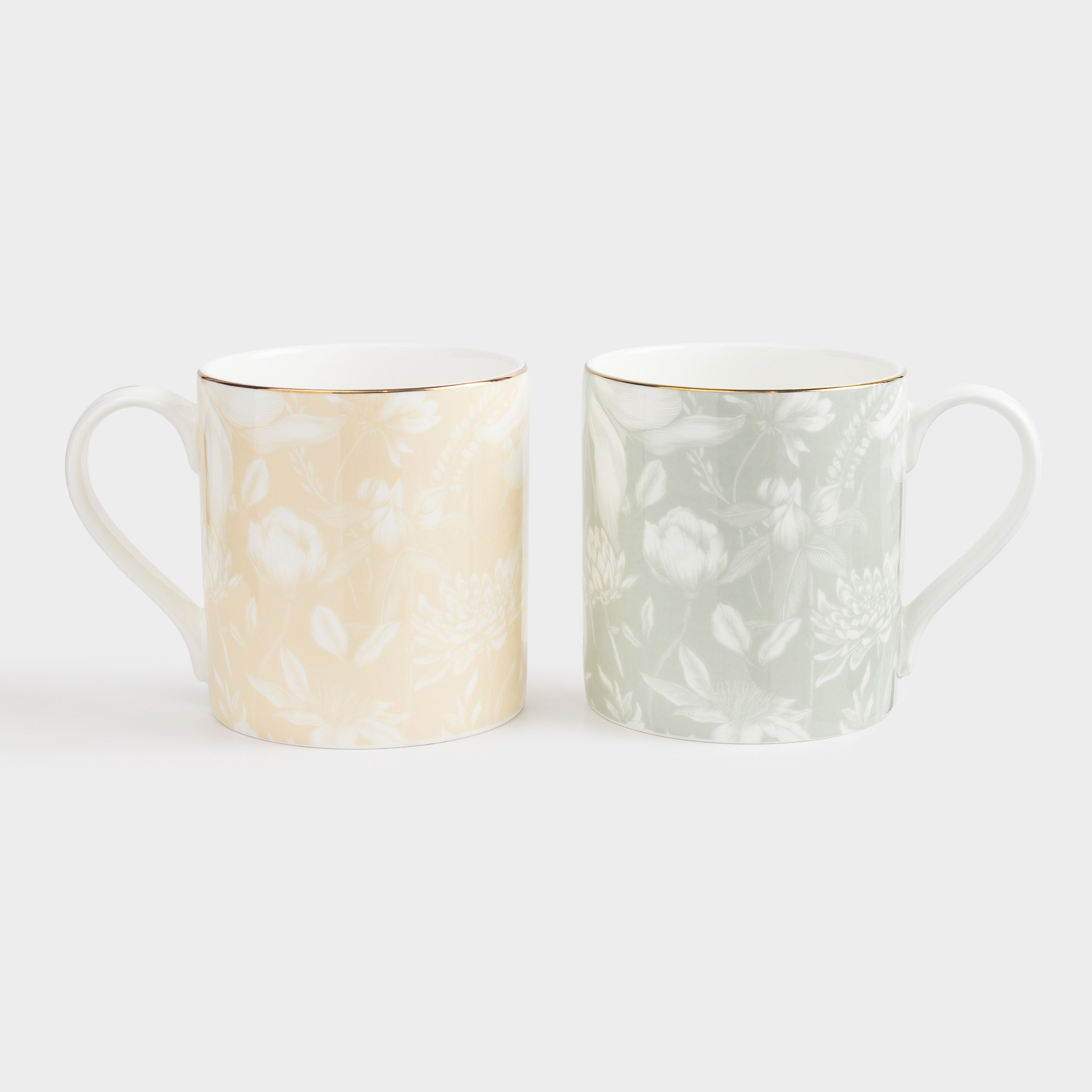 Mug, 380 ml, 2 pcs, porcelain F, with golden edging, yellow / green, Delicate flowers, Surreal, image-1