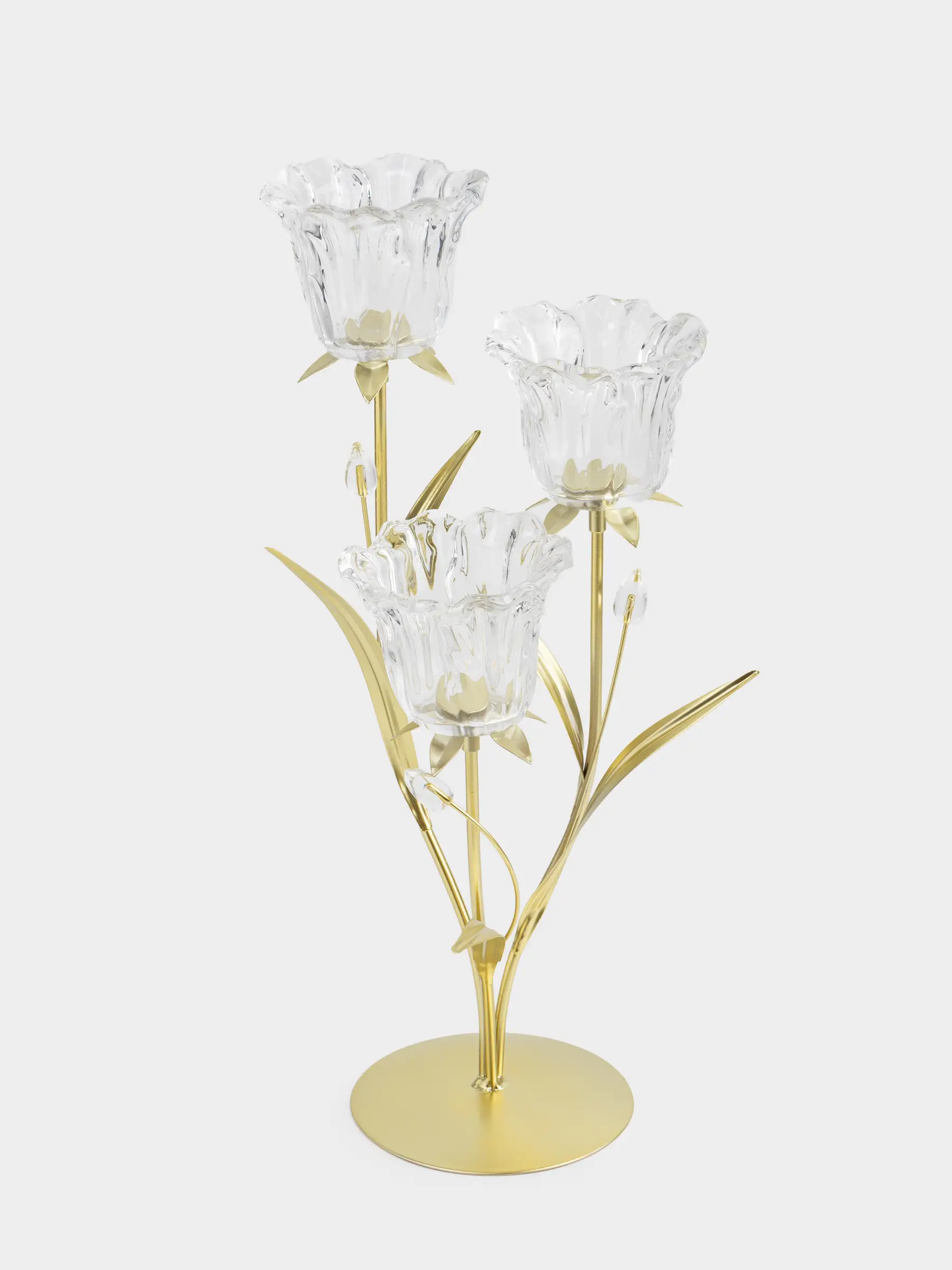 Candlestick, 45 cm, 3 tea candles, glass / metal, golden, Flowers, Fantastic flowers, image-0